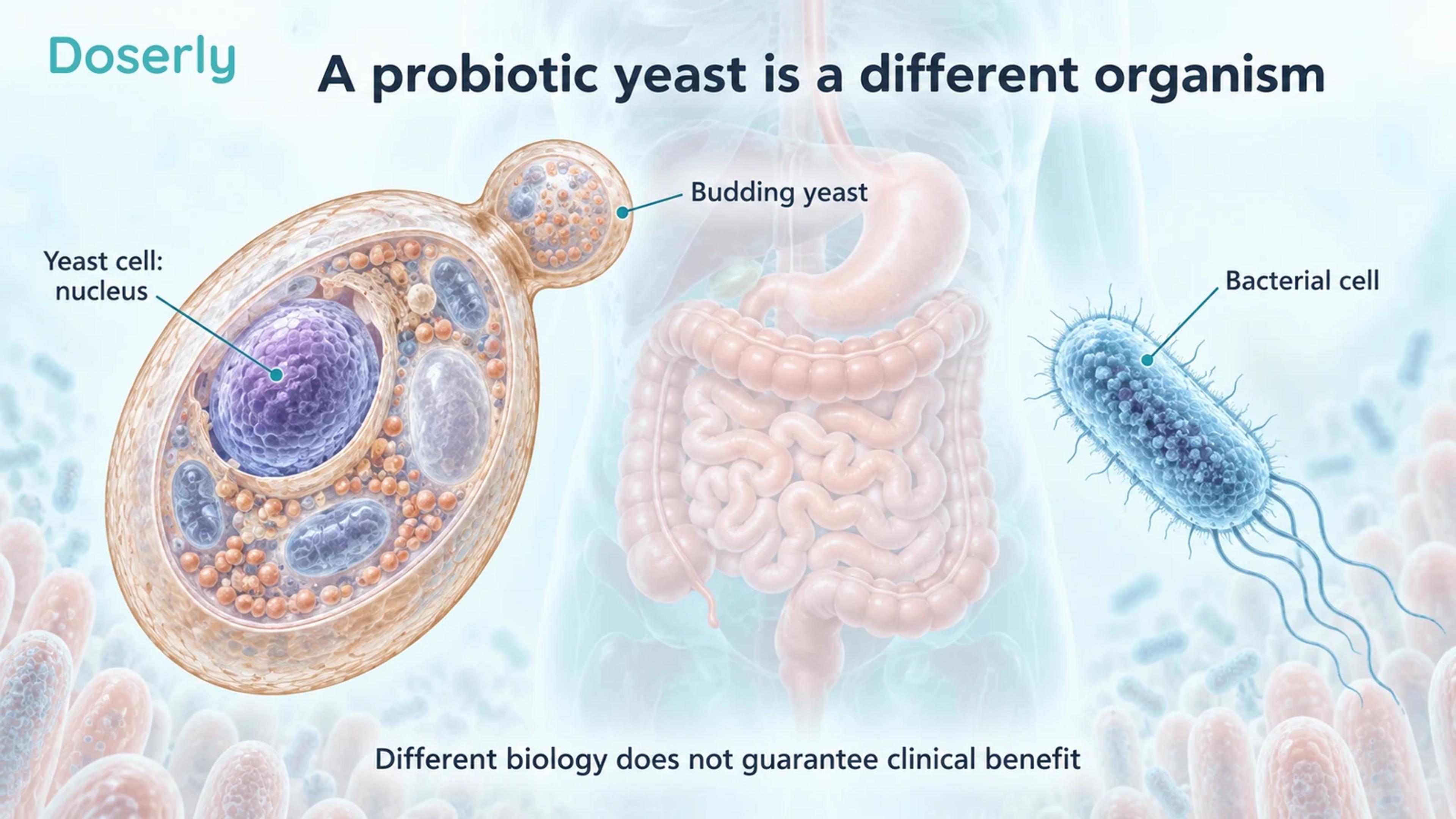 A budding yeast cell with a nucleus beside a bacterial cell and faint digestive anatomy.