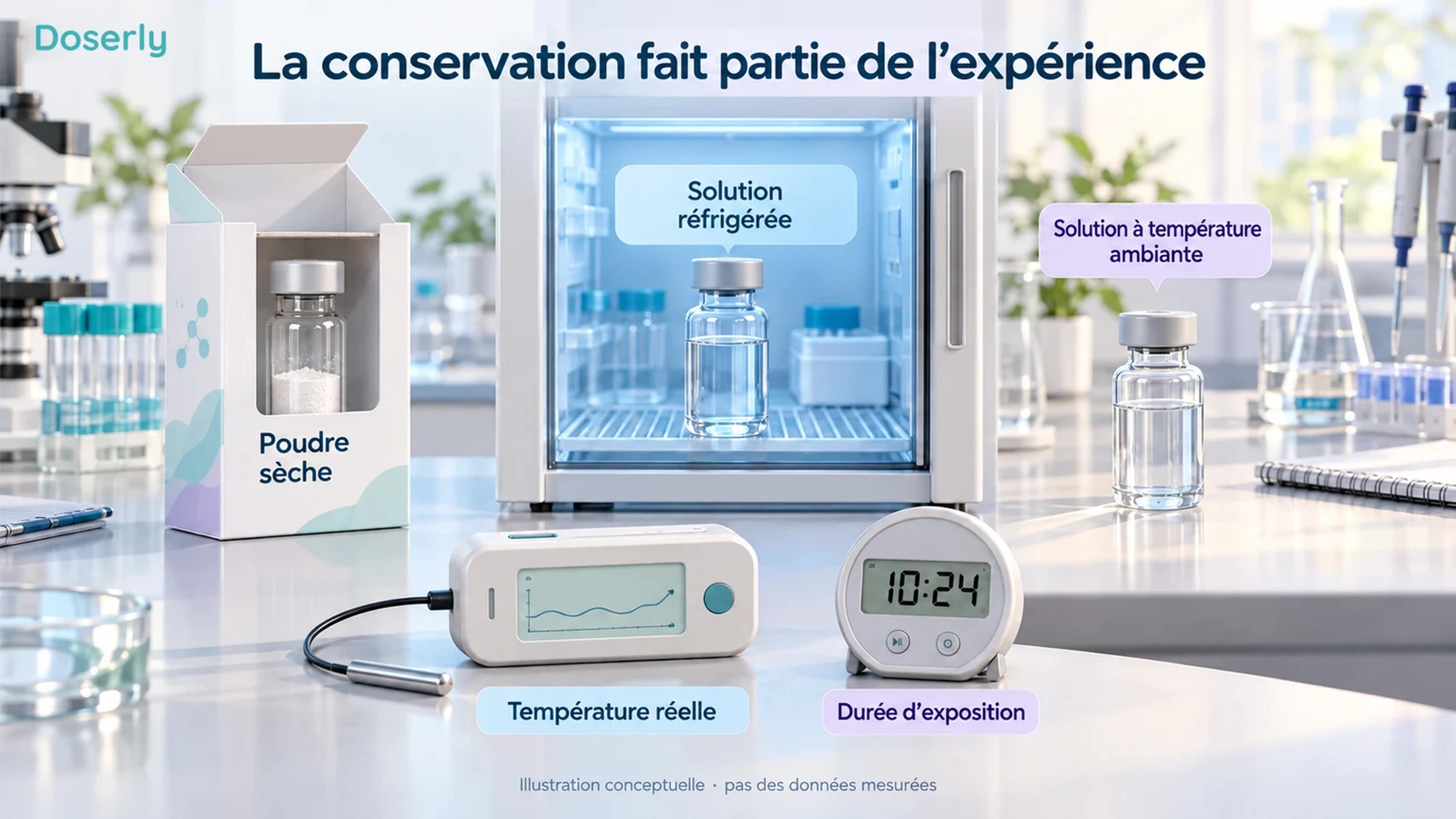 Poudre sèche, solution réfrigérée et solution à température ambiante à côté d’un enregistreur de température conceptuel.
