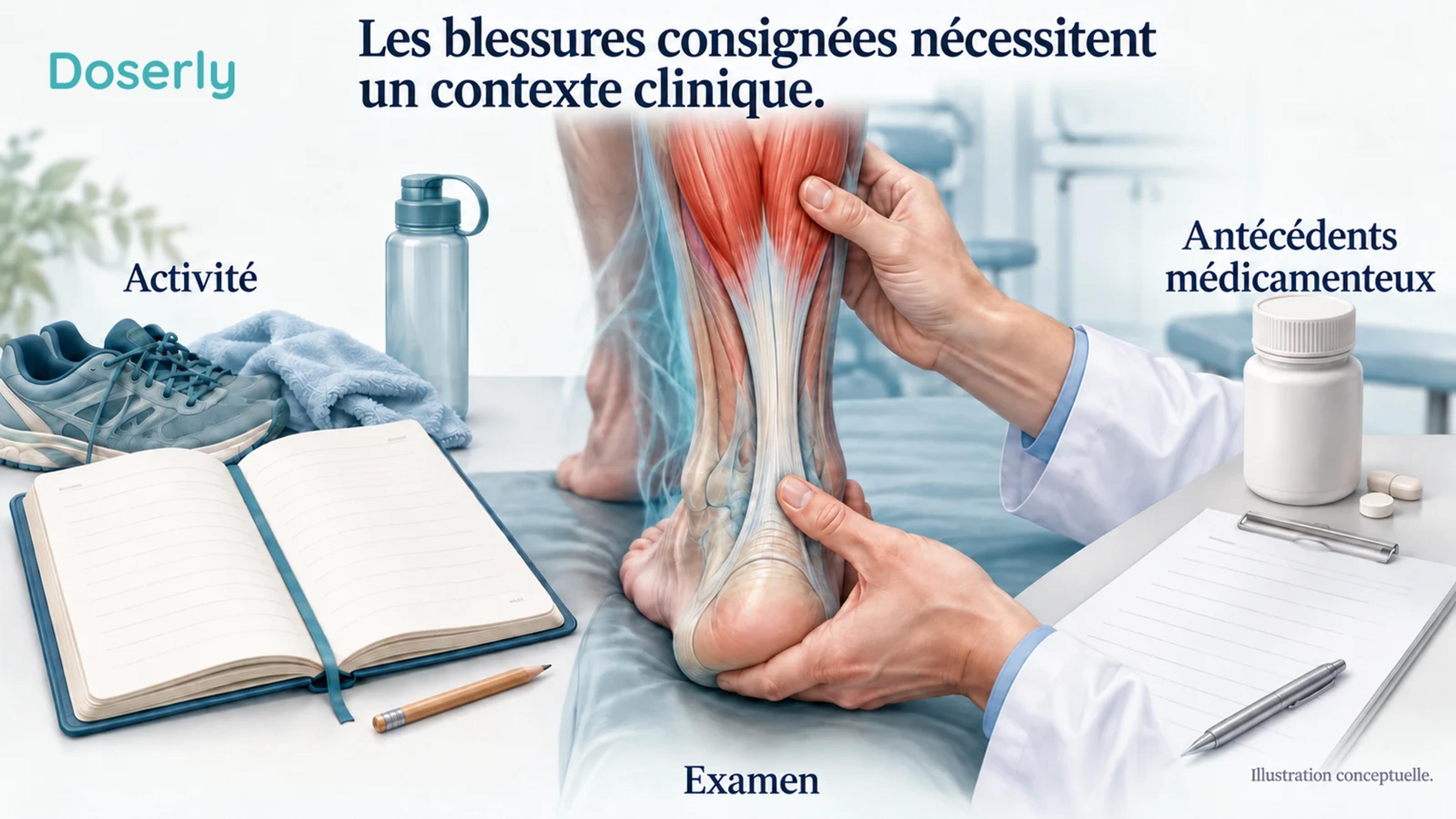 Évaluation clinique conceptuelle réunissant un examen de tendon, un journal d’activité sans chiffres et un contenant de médicament neutre.