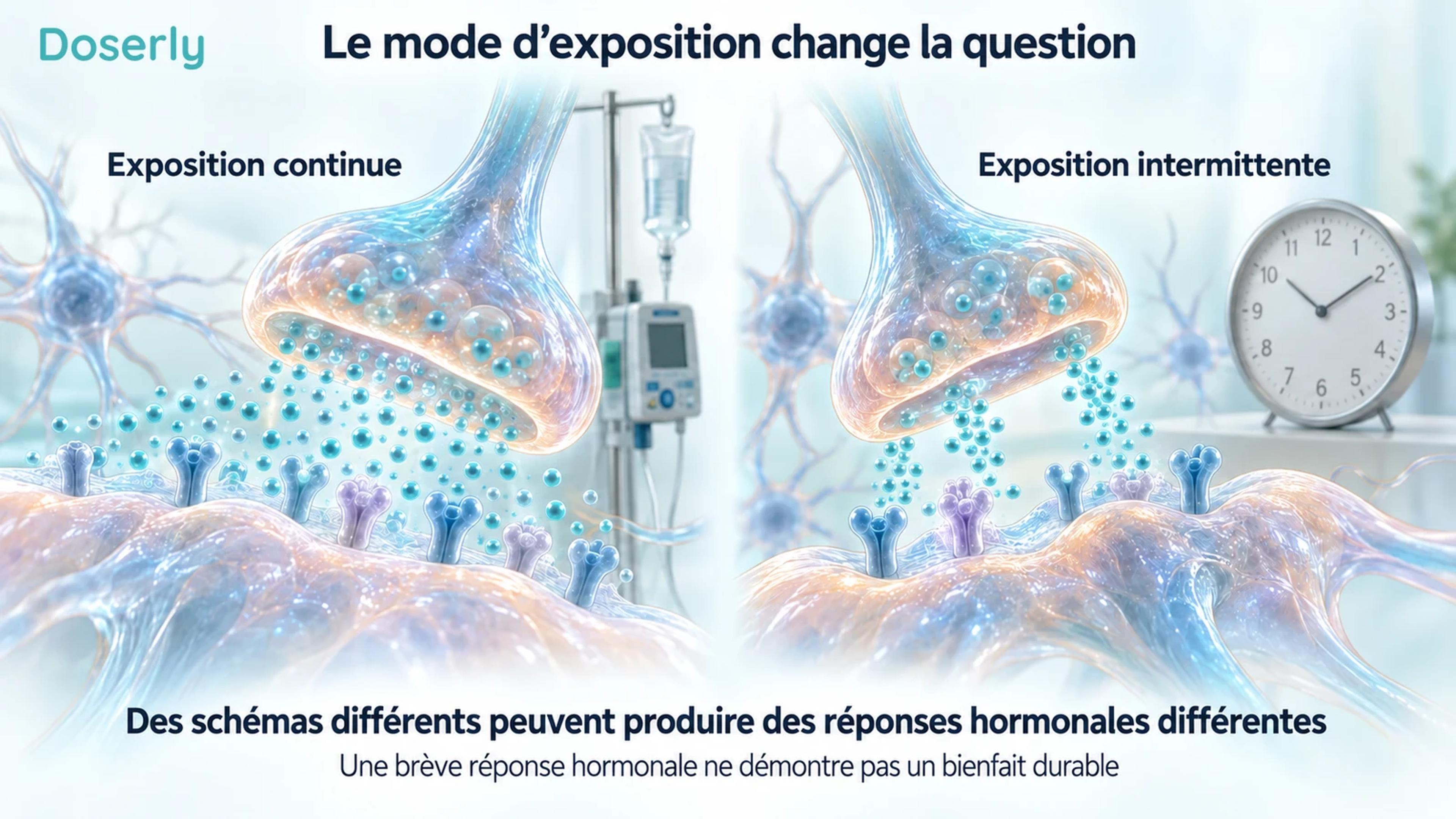 Neurones conceptuels détaillés et signalisation membranaire à côté de scènes distinctes d’exposition continue et intermittente.