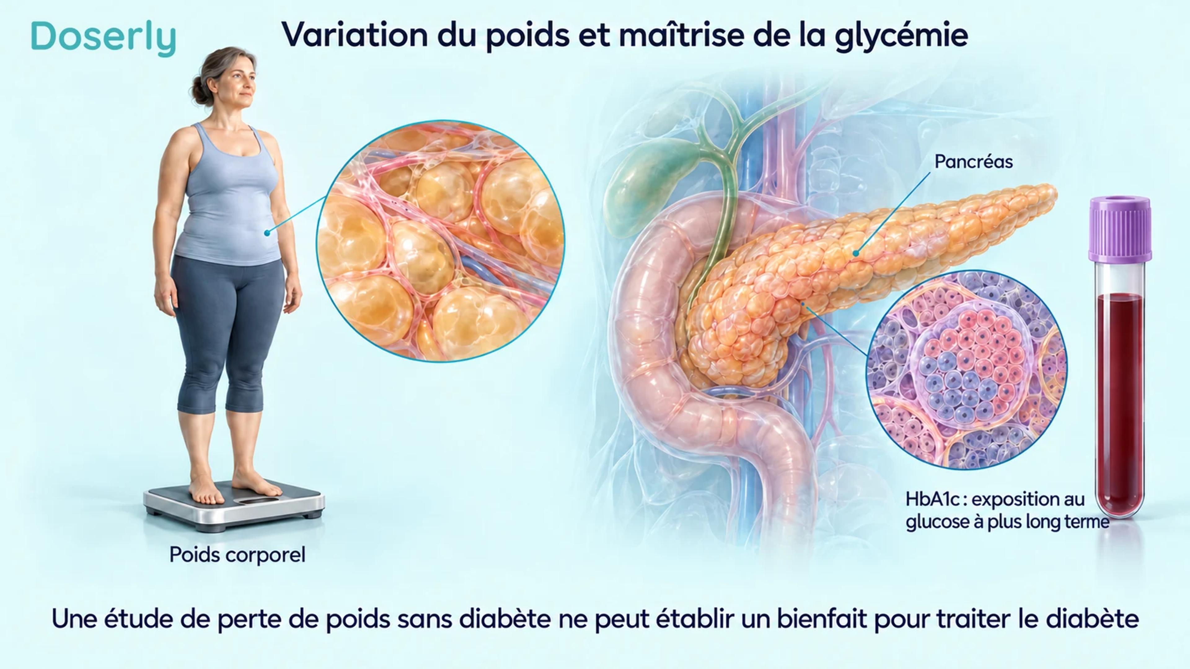 Une mesure du poids corporel à côté d’une représentation anatomique du pancréas et d’un échantillon de sang illustre les questions distinctes du poids et du glucose.