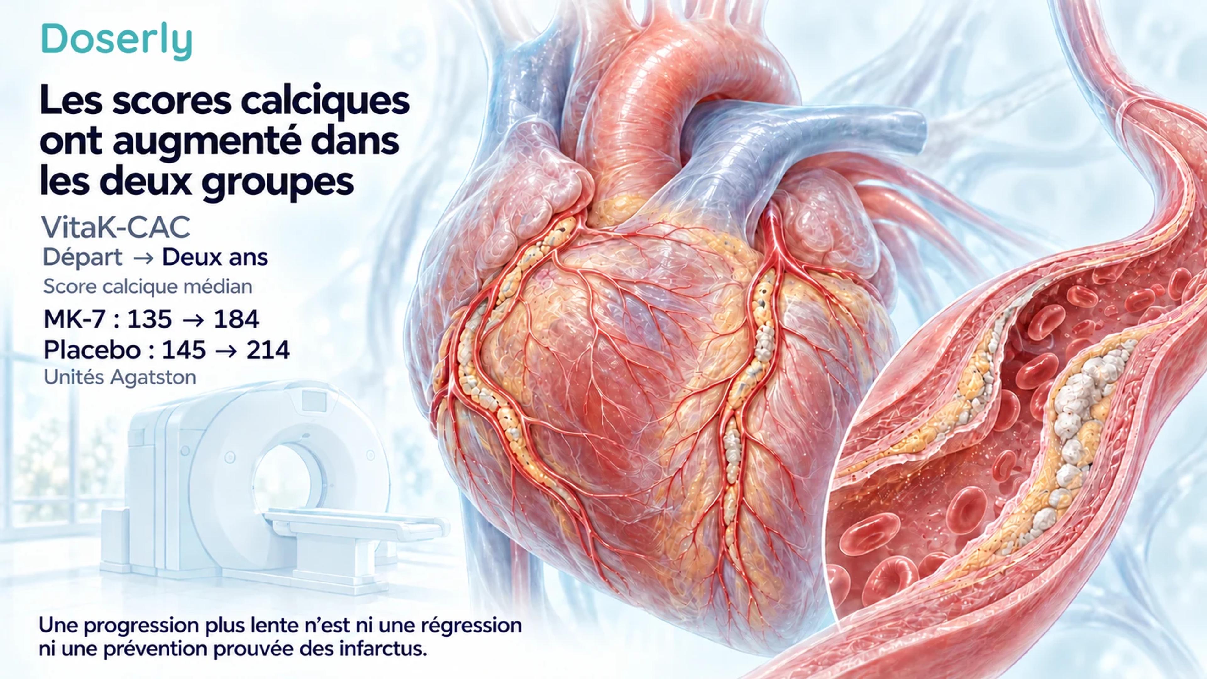 Coupe détaillée du cœur et de la paroi artérielle à côté des scores calciques médians de VitaK-CAC, passant de 135 à 184 avec la MK-7 et de 145 à 214 avec le placebo.