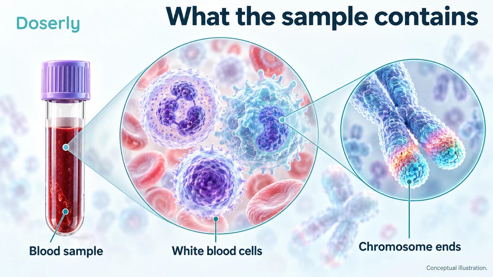 A blood sample, distinct white blood cells and a chromosome-end inset illustrate different measurement scales.