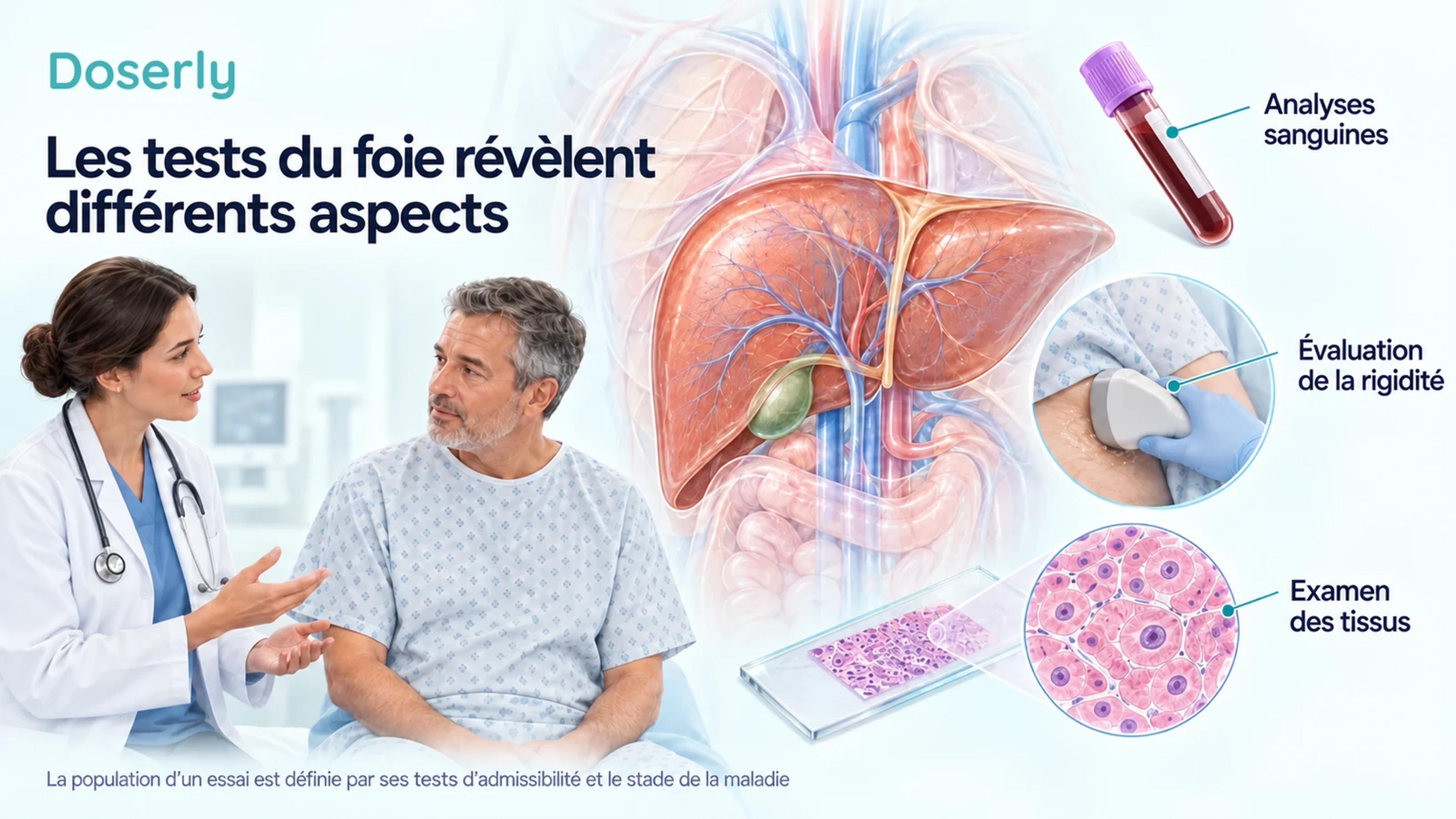 Un clinicien discute des analyses sanguines, de l’évaluation de la rigidité du foie et de l’examen des tissus à côté d’une représentation anatomique détaillée du foie.