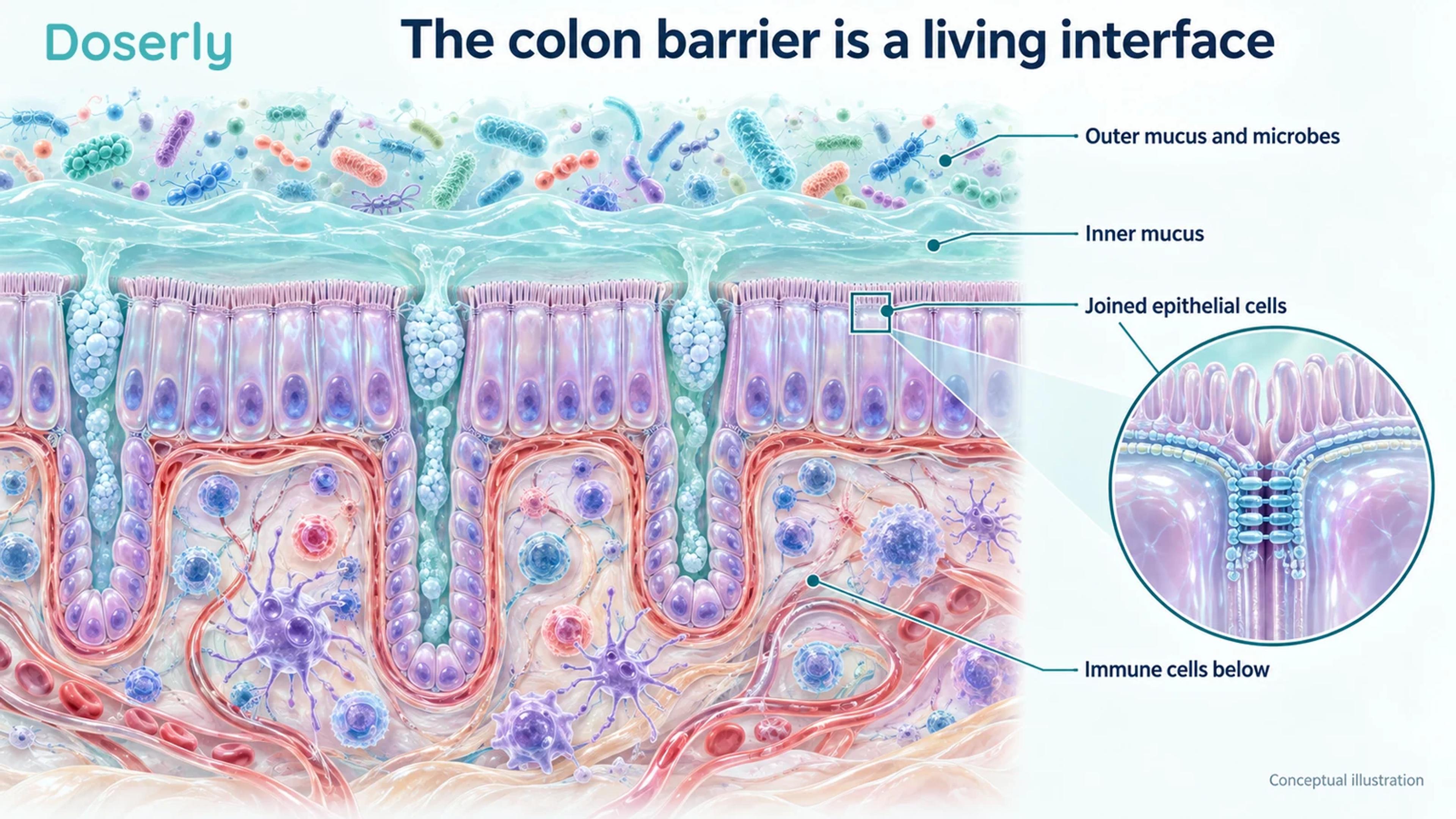 Layered conceptual colon barrier with microbes in outer mucus, an inner mucus layer, joined epithelial cells, crypts and immune cells underneath.