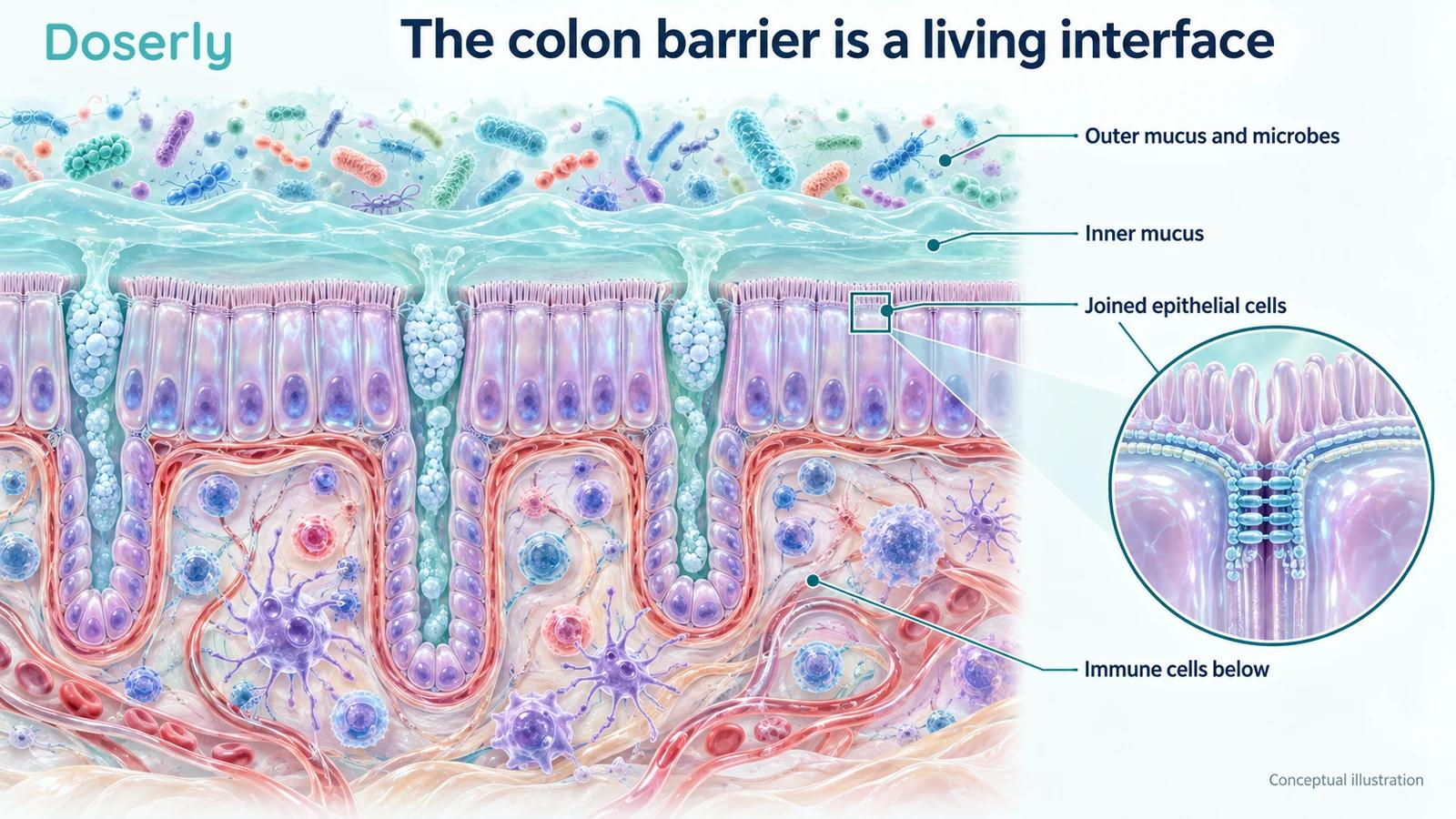 Layered conceptual colon barrier with microbes in outer mucus, an inner mucus layer, joined epithelial cells, crypts and immune cells underneath.