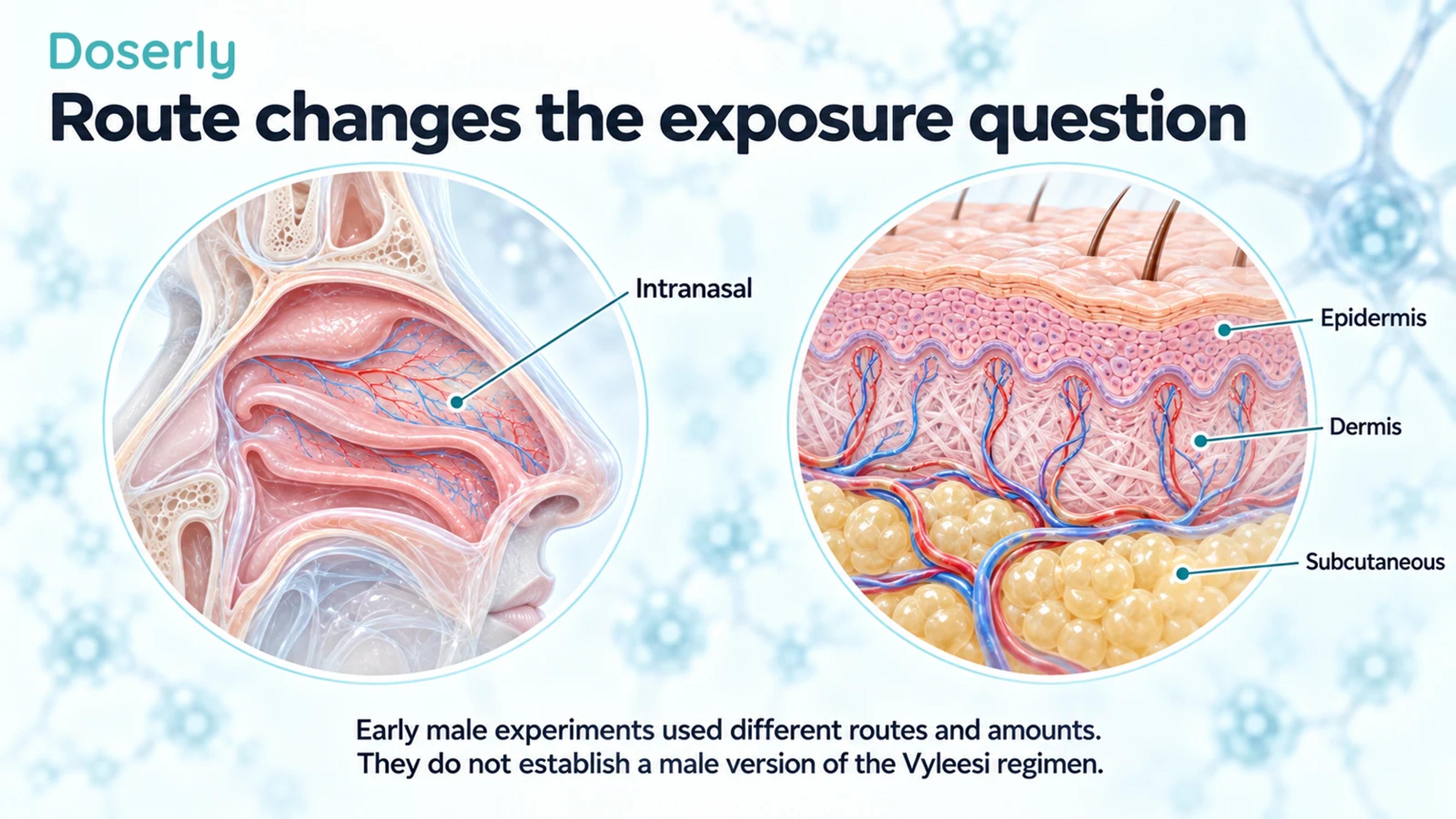Detailed nasal mucosa and a skin cross-section distinguish intranasal and subcutaneous delivery routes.