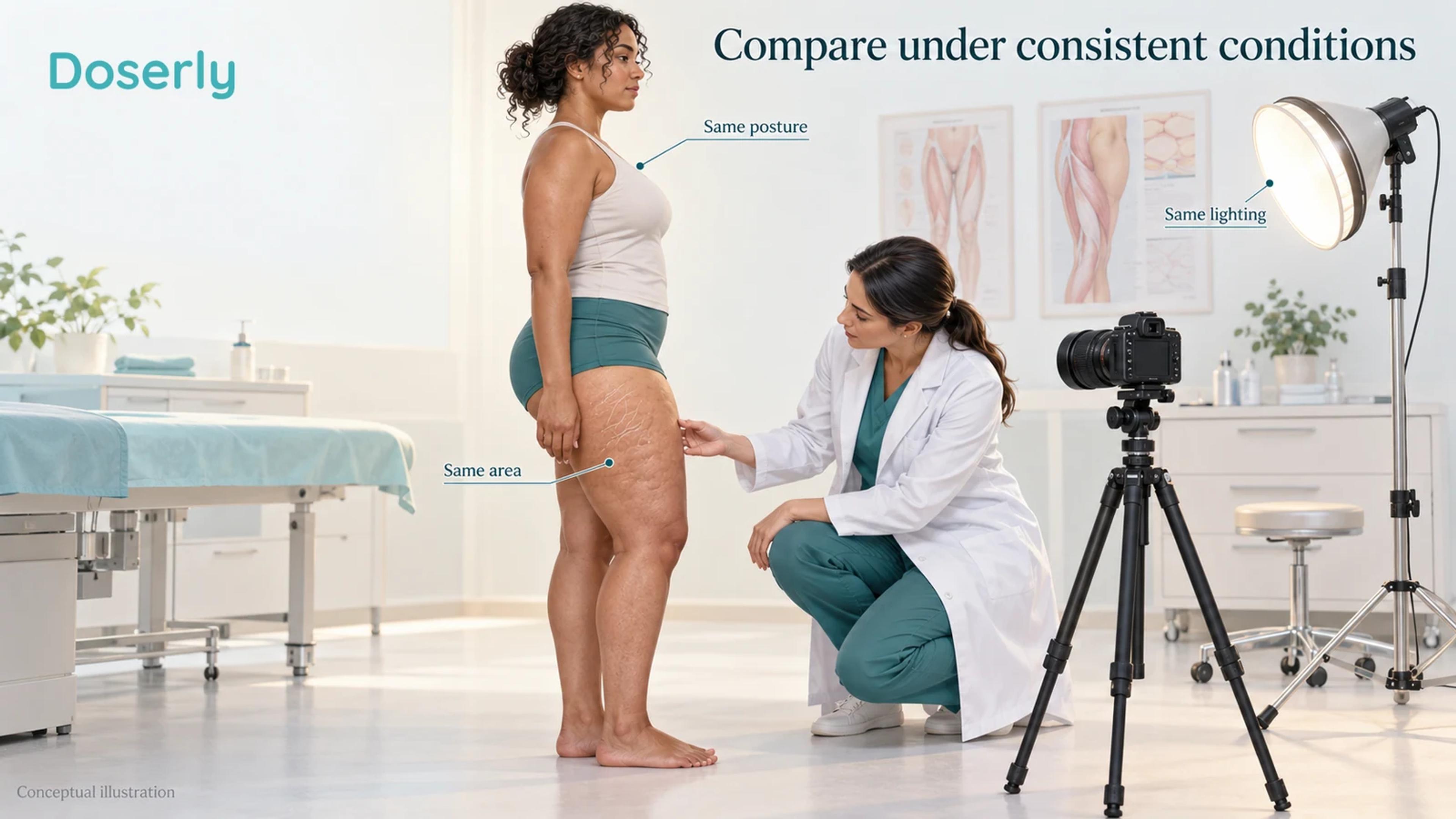 Illustrated clinician assessing lateral thigh texture with consistent standing posture and neutral illumination.