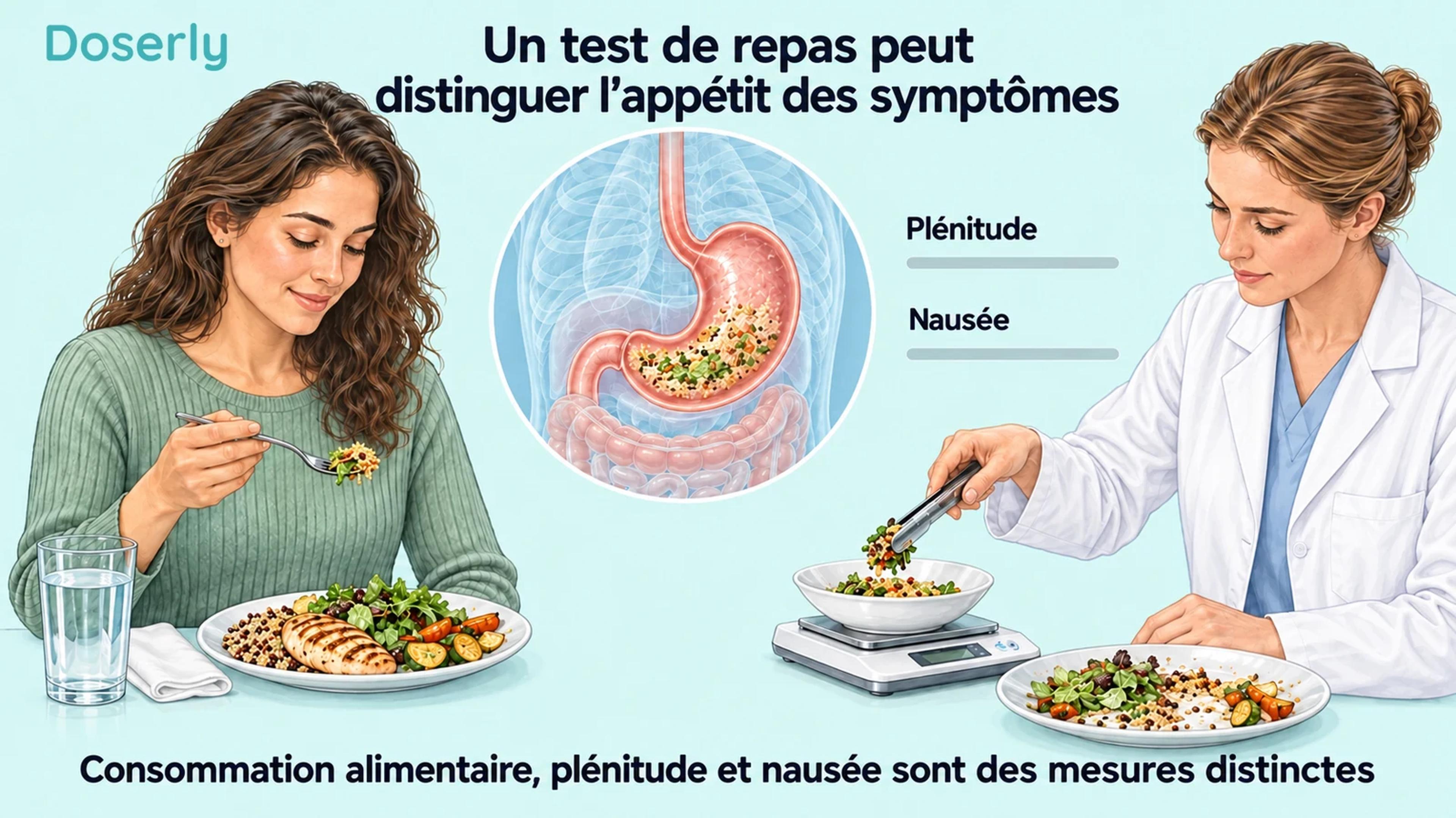 Un test de repas clinique où les aliments sont pesés, avec des échelles vierges distinctes pour la plénitude et les nausées.