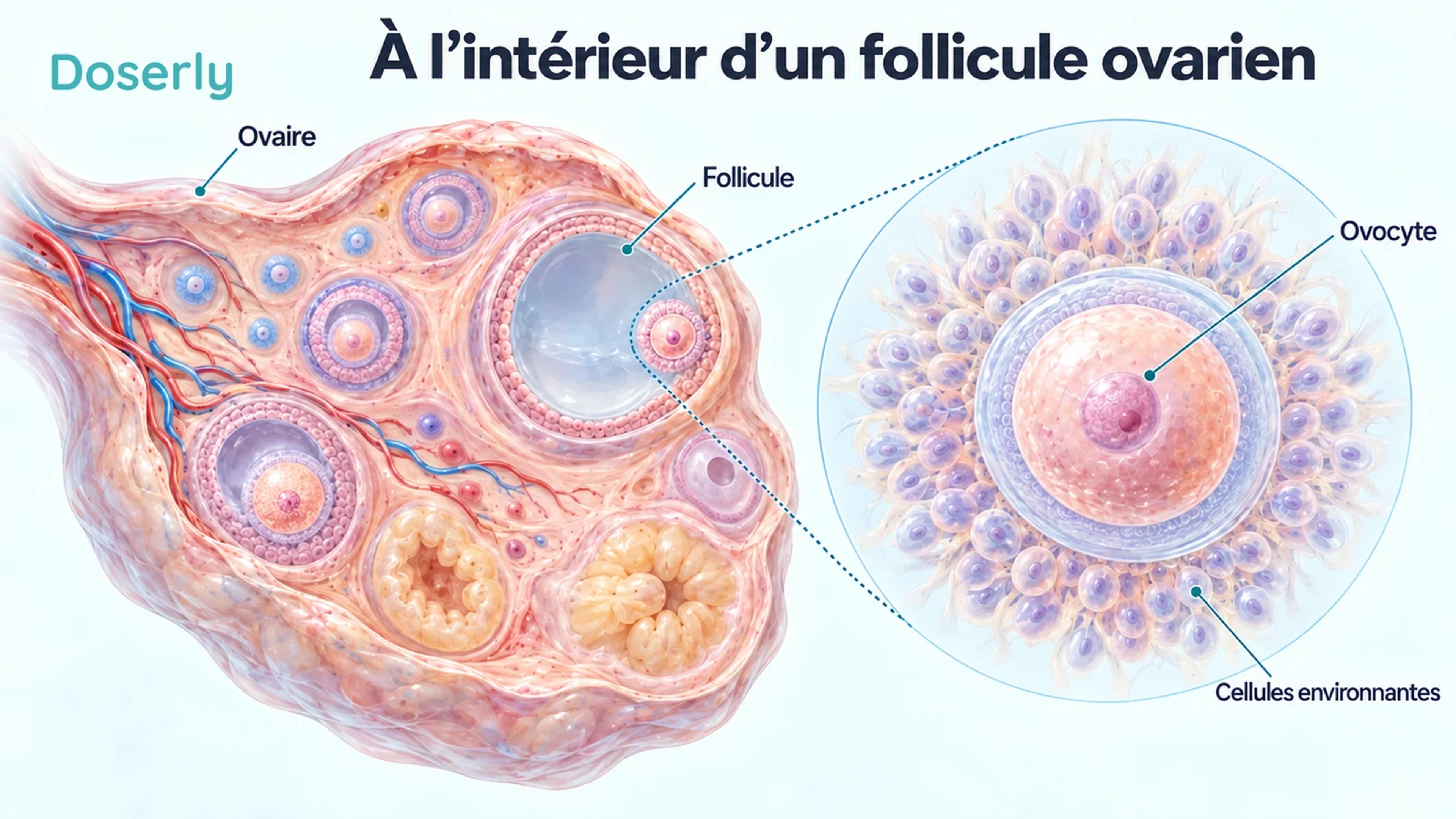Illustration d’un ovaire avec des follicules et vue agrandie d’un ovocyte entouré de ses cellules folliculaires.
