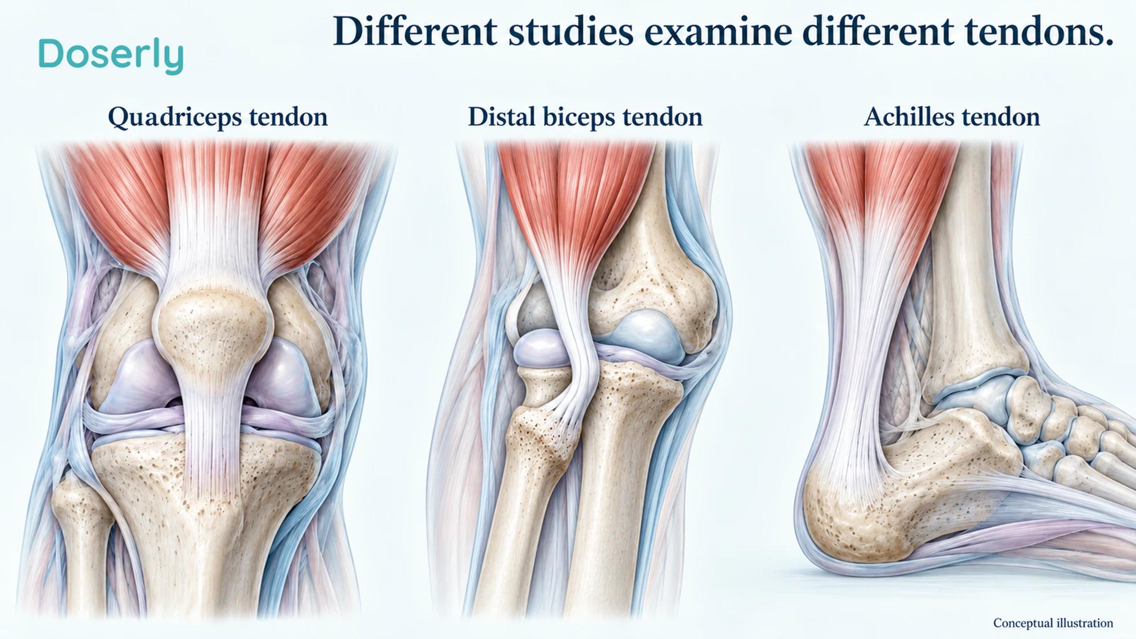 Separate anatomical views locate the quadriceps tendon above the kneecap, distal biceps attachment near the elbow and Achilles tendon behind the ankle.