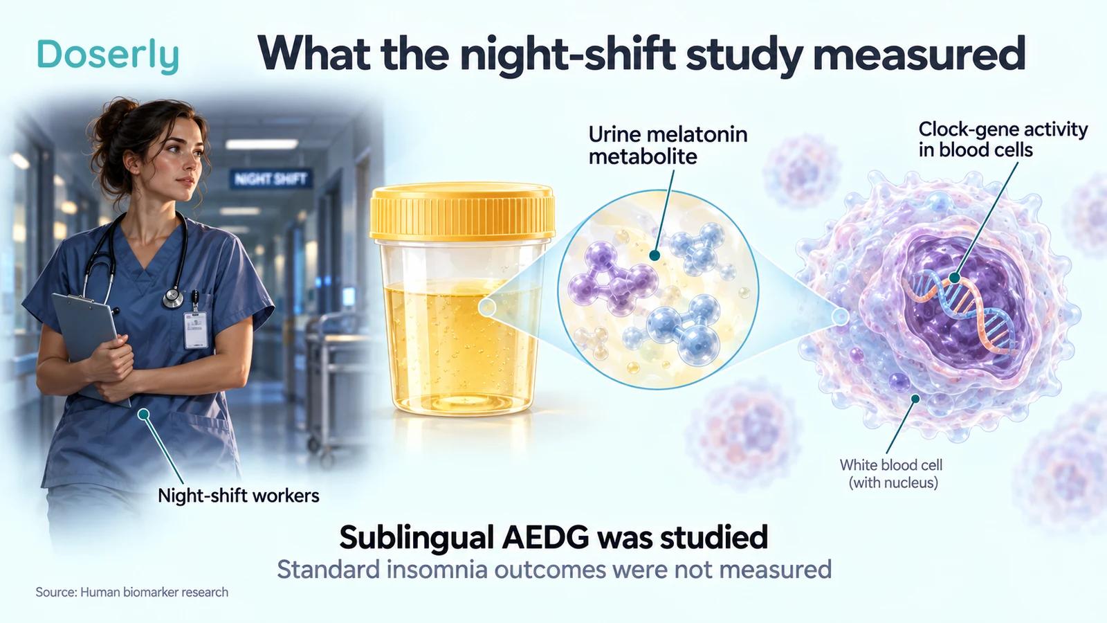 A female night-shift clinician beside a urine sample and a magnified white blood cell, illustrating the study's biological measurements.