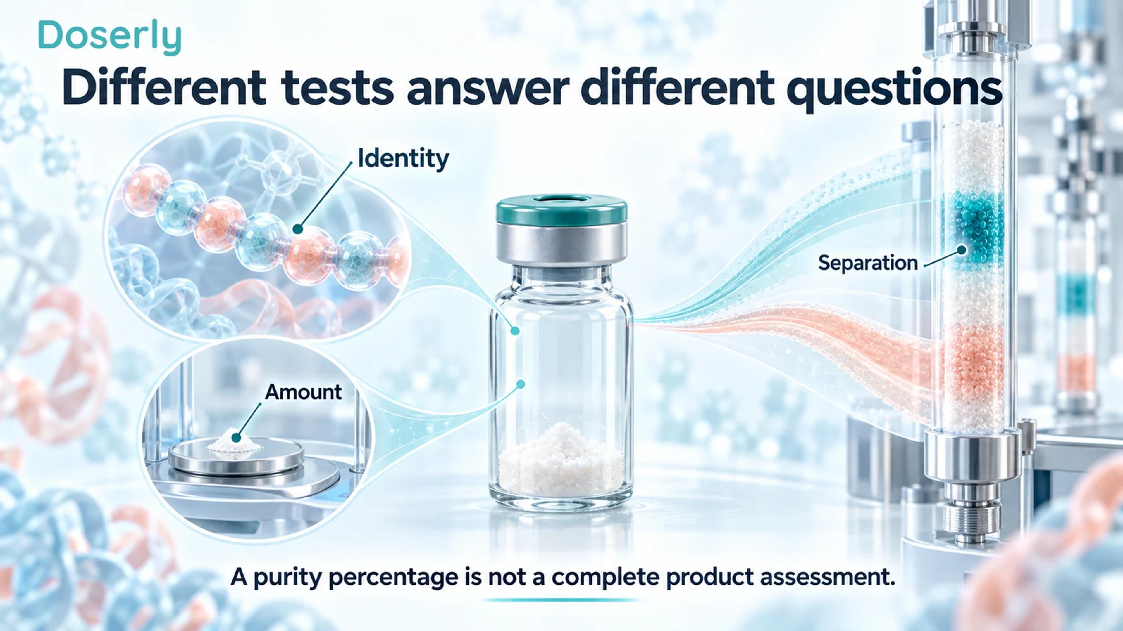 Illustrated sample vial linked to peptide identity, amount measurement, and chromatographic separation