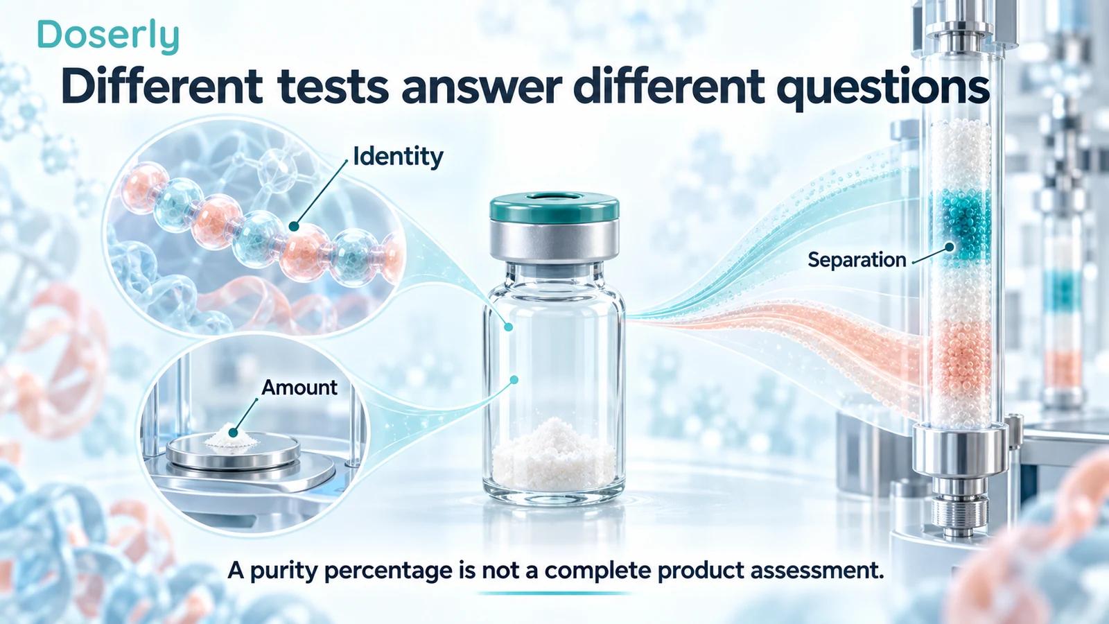 Illustrated sample vial linked to peptide identity, amount measurement, and chromatographic separation