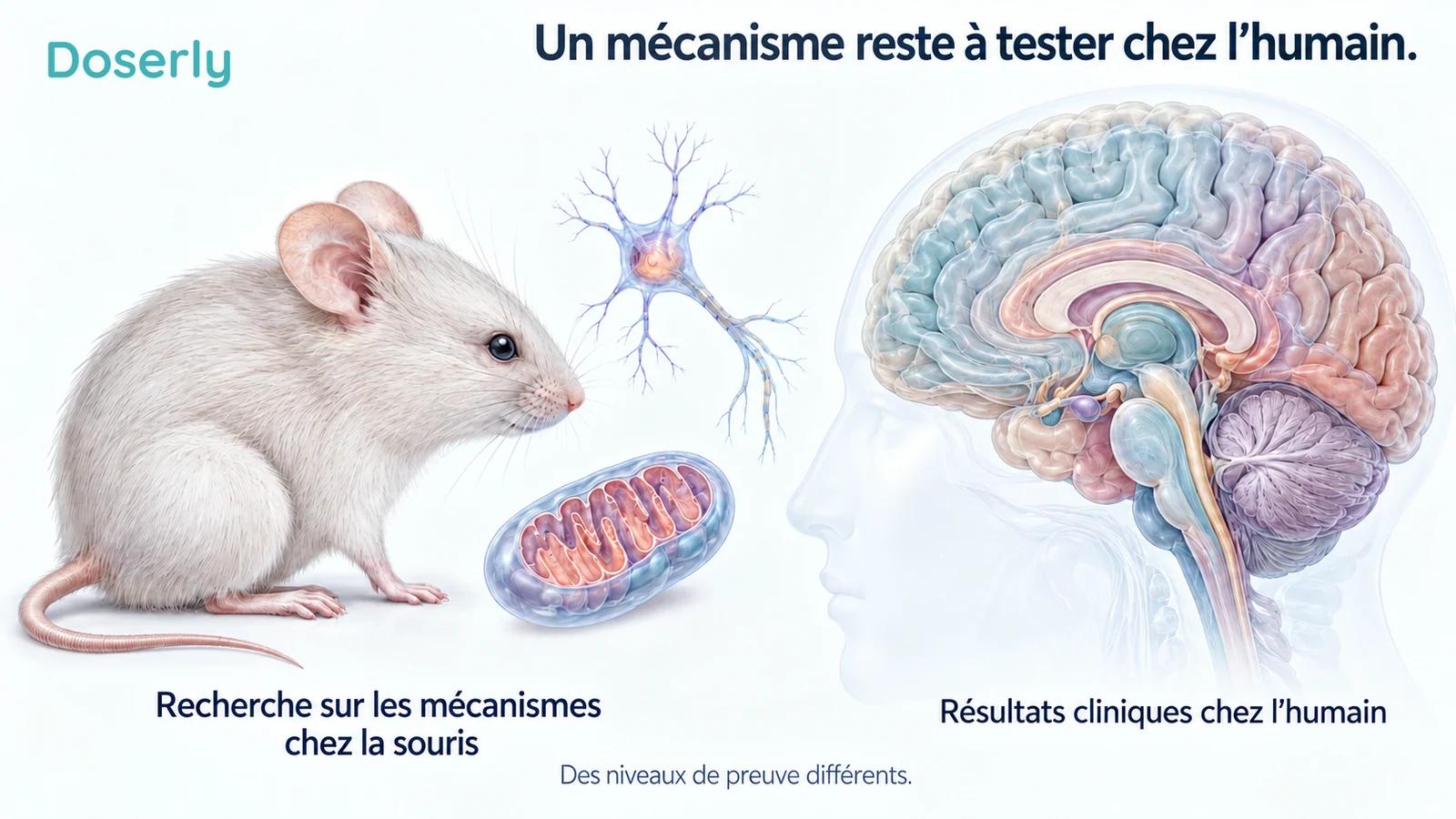 Des illustrations d’une souris et de neurones sont séparées d’un cerveau humain pour distinguer la recherche sur les mécanismes des essais cliniques.