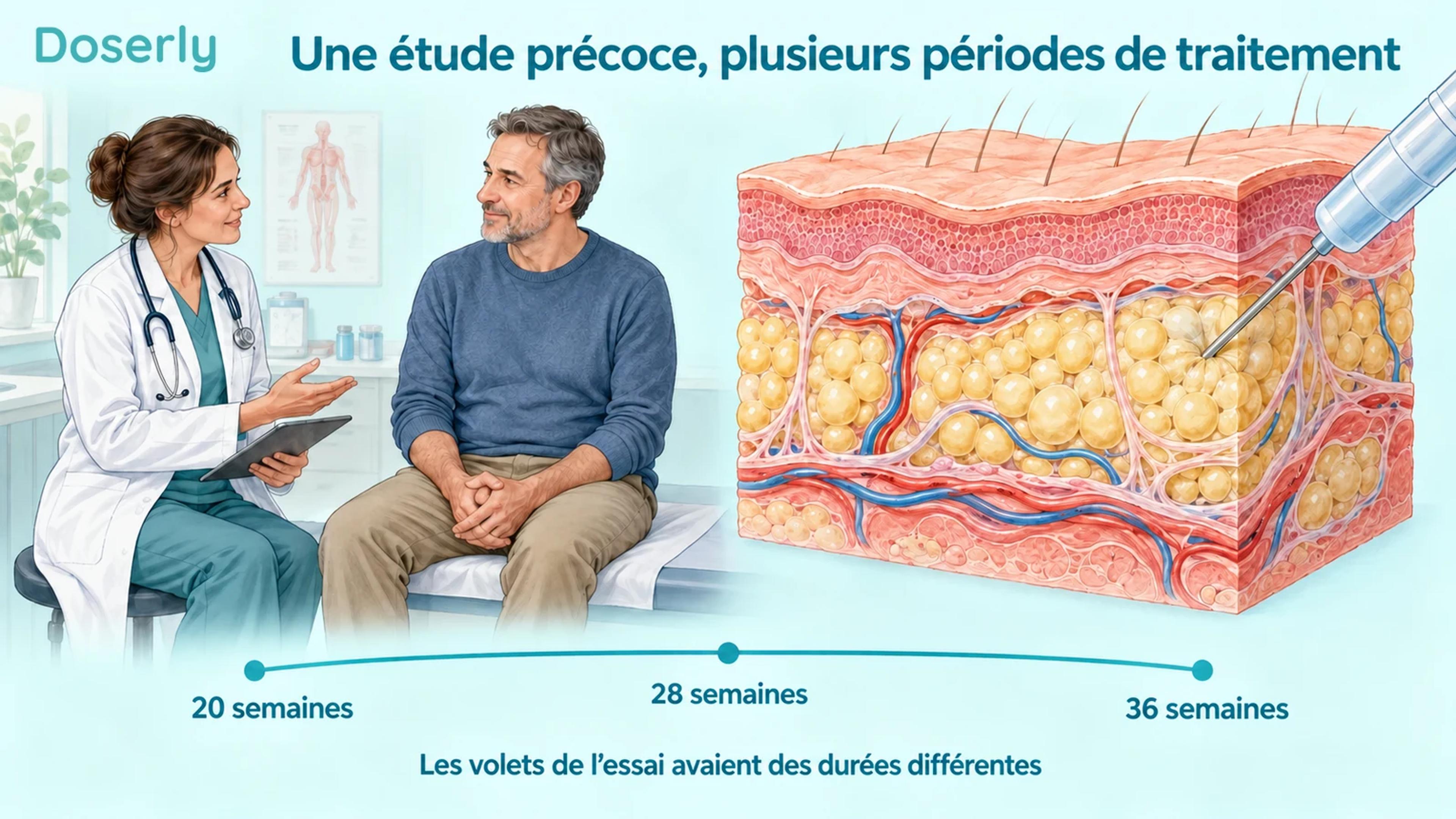 Illustration d’une visite d’étude clinique à côté de l’anatomie sous-cutanée et d’étiquettes indiquant 20, 28 et 36 semaines.