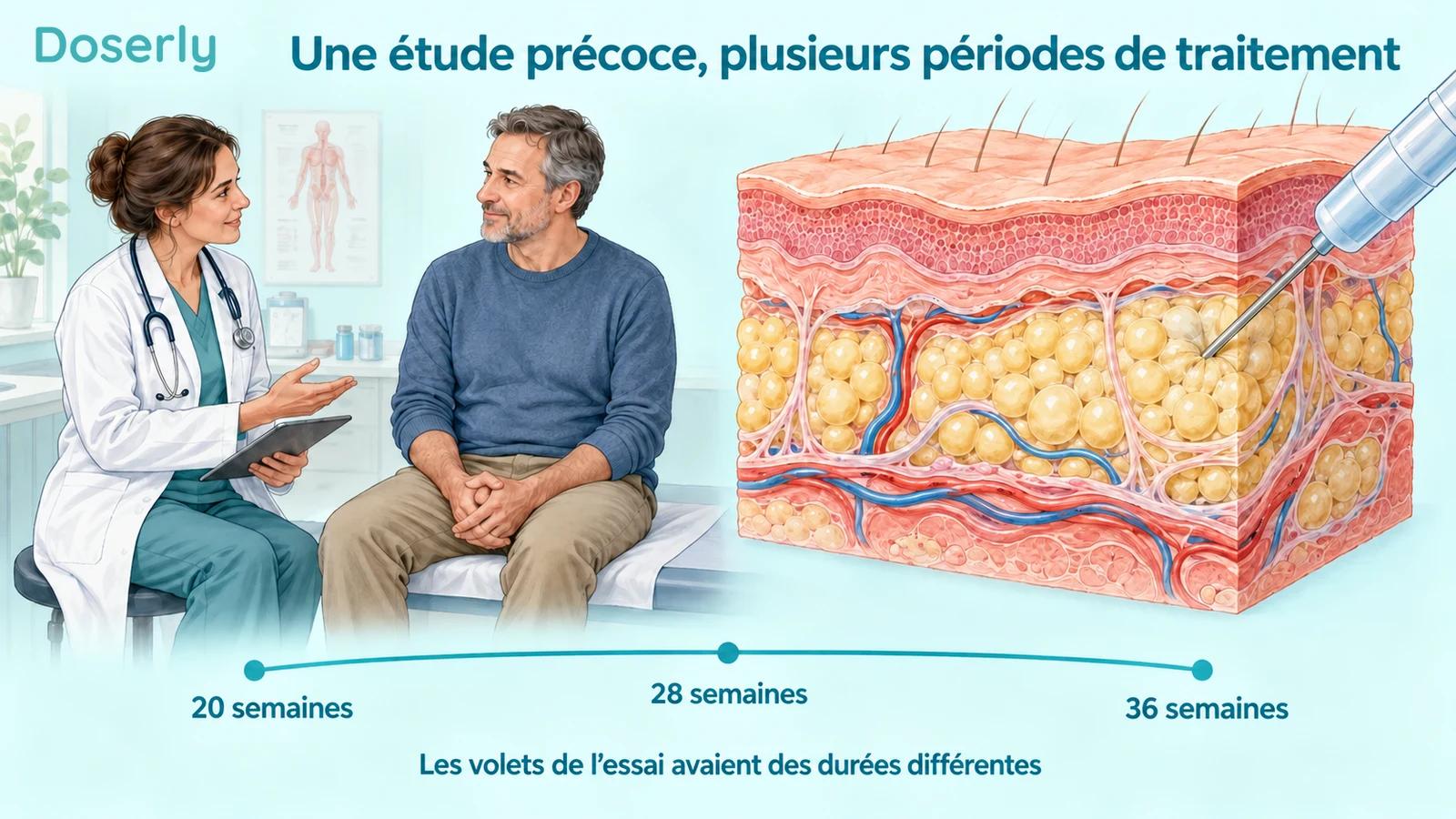 Illustration d’une visite d’étude clinique à côté de l’anatomie sous-cutanée et d’étiquettes indiquant 20, 28 et 36 semaines.