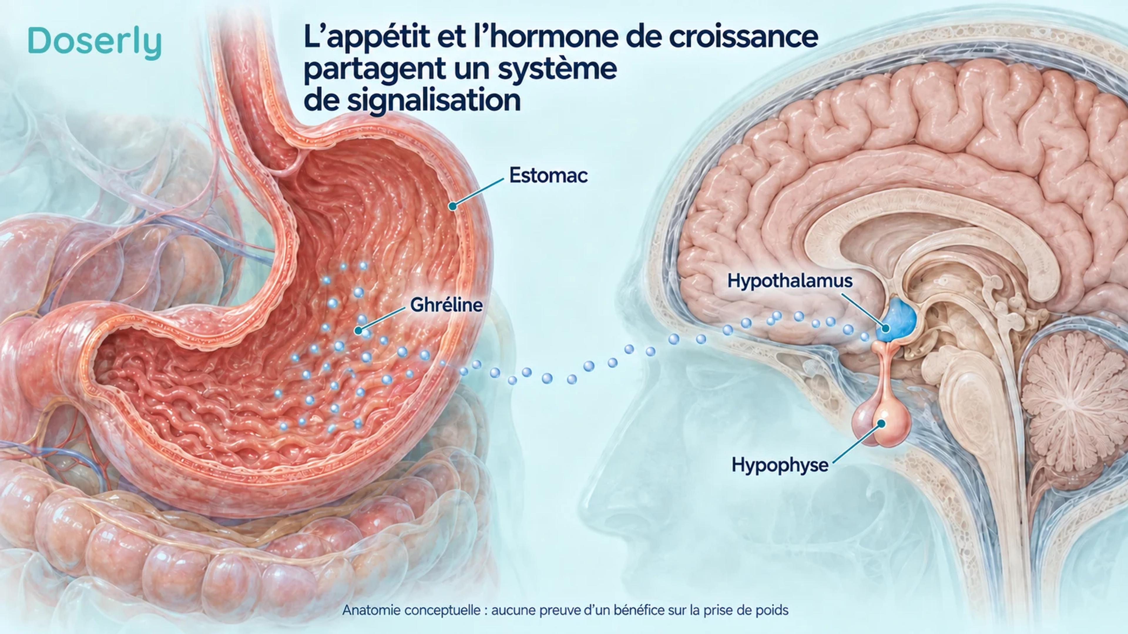 Vues en coupe détaillées de l’estomac et du cerveau montrant l’hypothalamus et l’hypophyse associés à l’appétit et à la signalisation hormonale.
