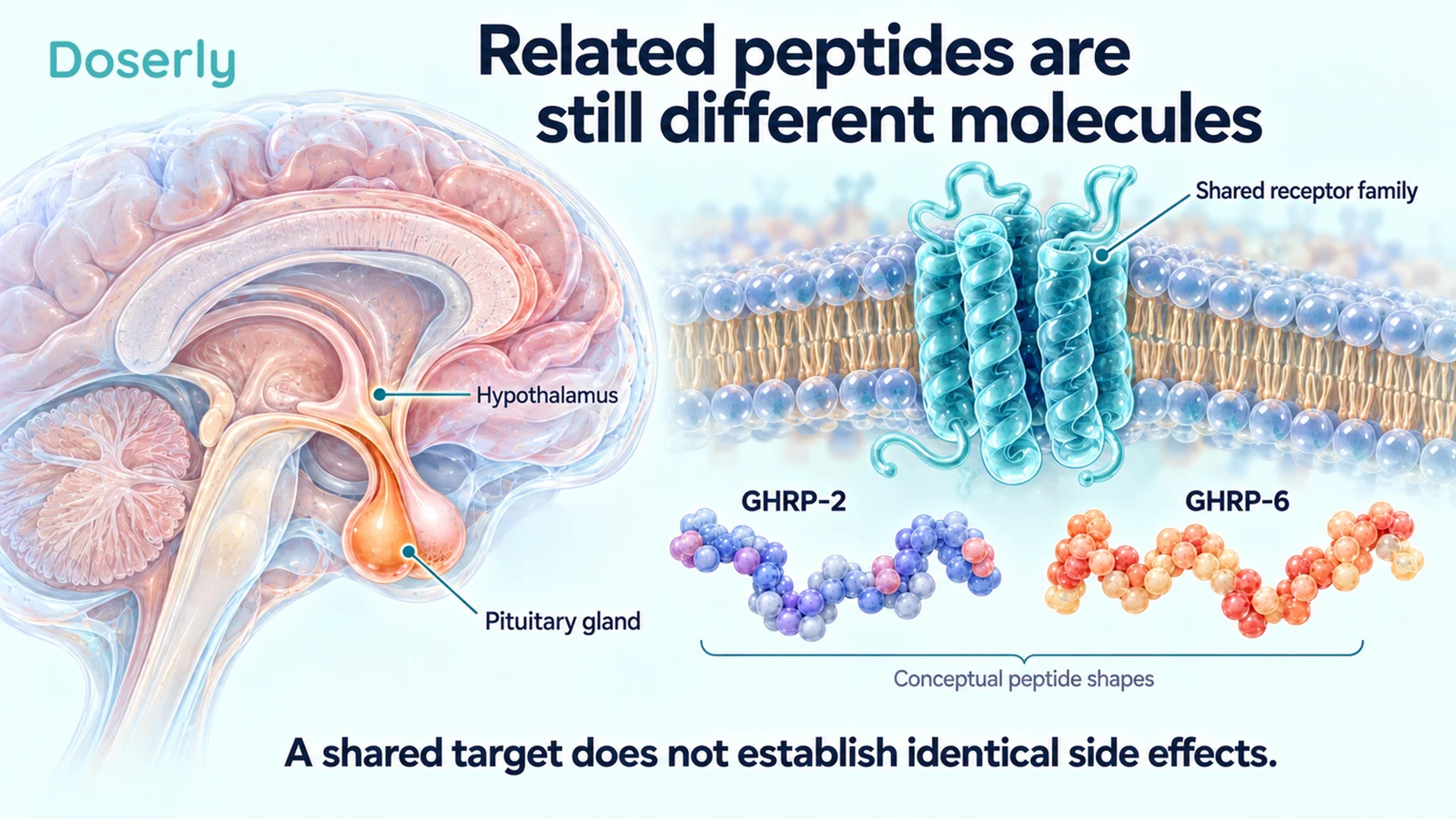 Distinct conceptual GHRP-2 and GHRP-6 peptide shapes beside a receptor membrane and detailed pituitary anatomy.