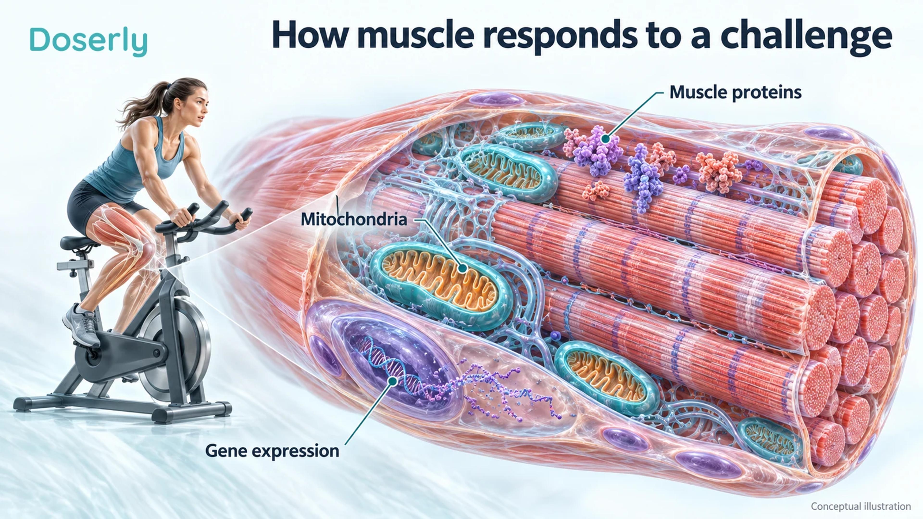 Detailed skeletal muscle fibre, mitochondria and a cell nucleus illustrating tissue adaptation to exercise and medication.