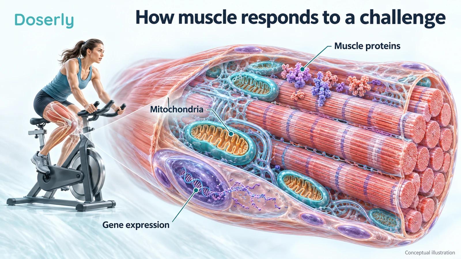 Detailed skeletal muscle fibre, mitochondria and a cell nucleus illustrating tissue adaptation to exercise and medication.