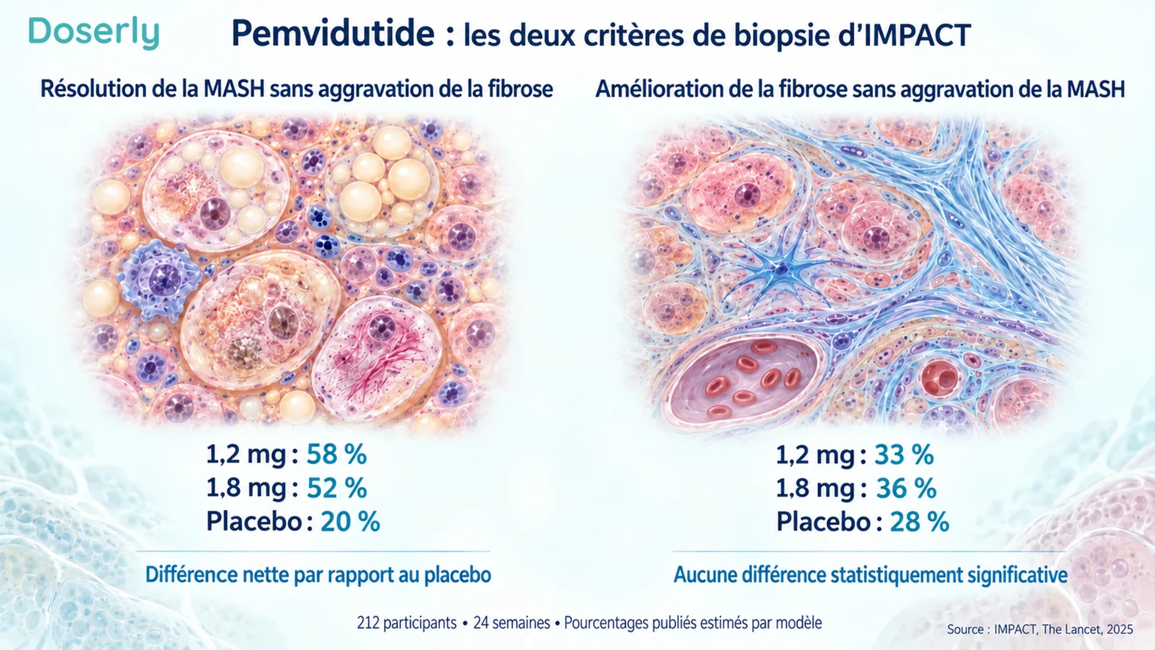 Du tissu hépatique détaillé accompagne les pourcentages publiés de résolution de la MASH et de réponse de la fibrose dans IMPACT pour chaque groupe de traitement.