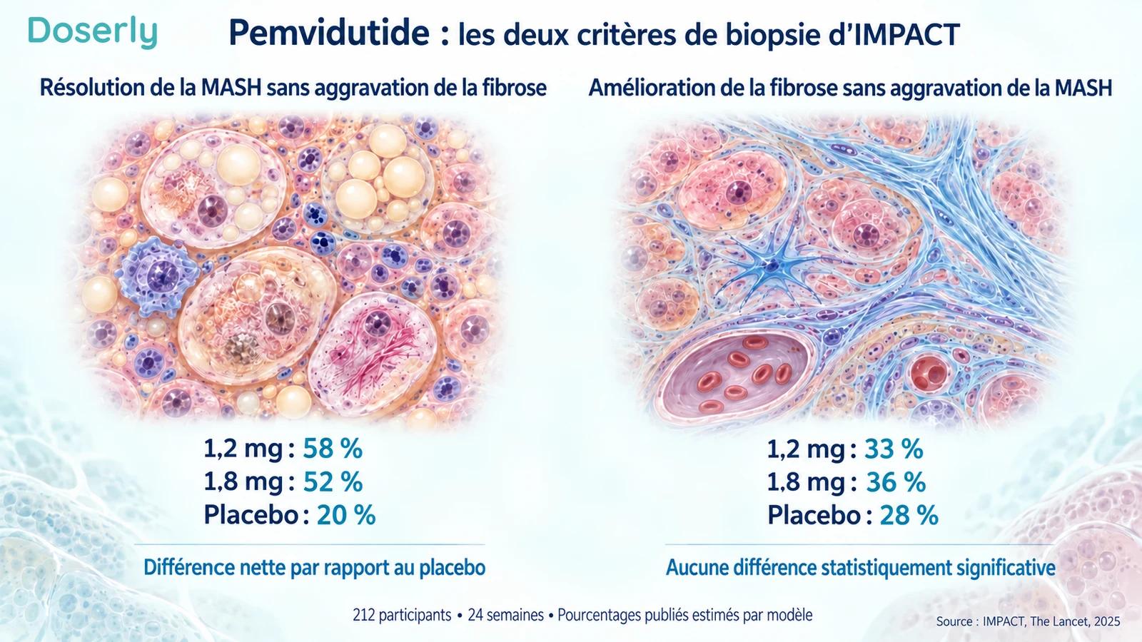 Du tissu hépatique détaillé accompagne les pourcentages publiés de résolution de la MASH et de réponse de la fibrose dans IMPACT pour chaque groupe de traitement.