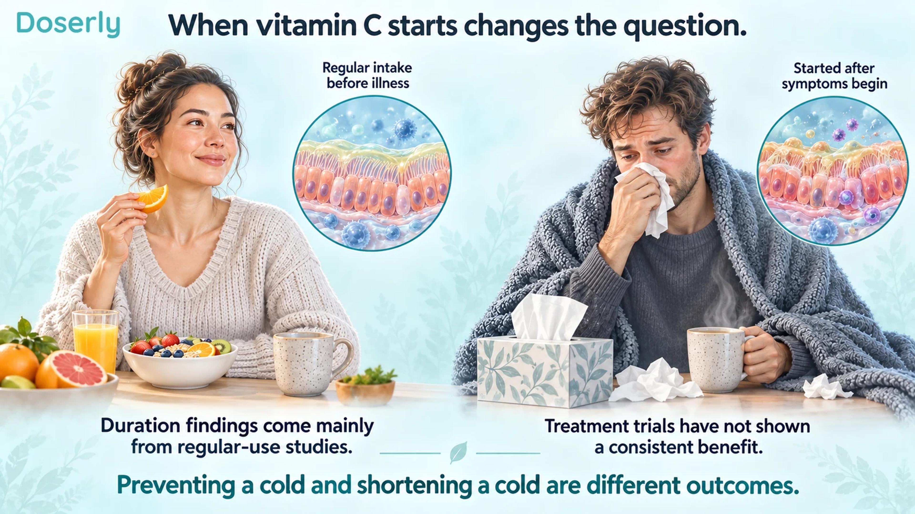 Separate scenes show regular vitamin C intake before illness and starting after symptoms, with conceptual airway-lining insets.