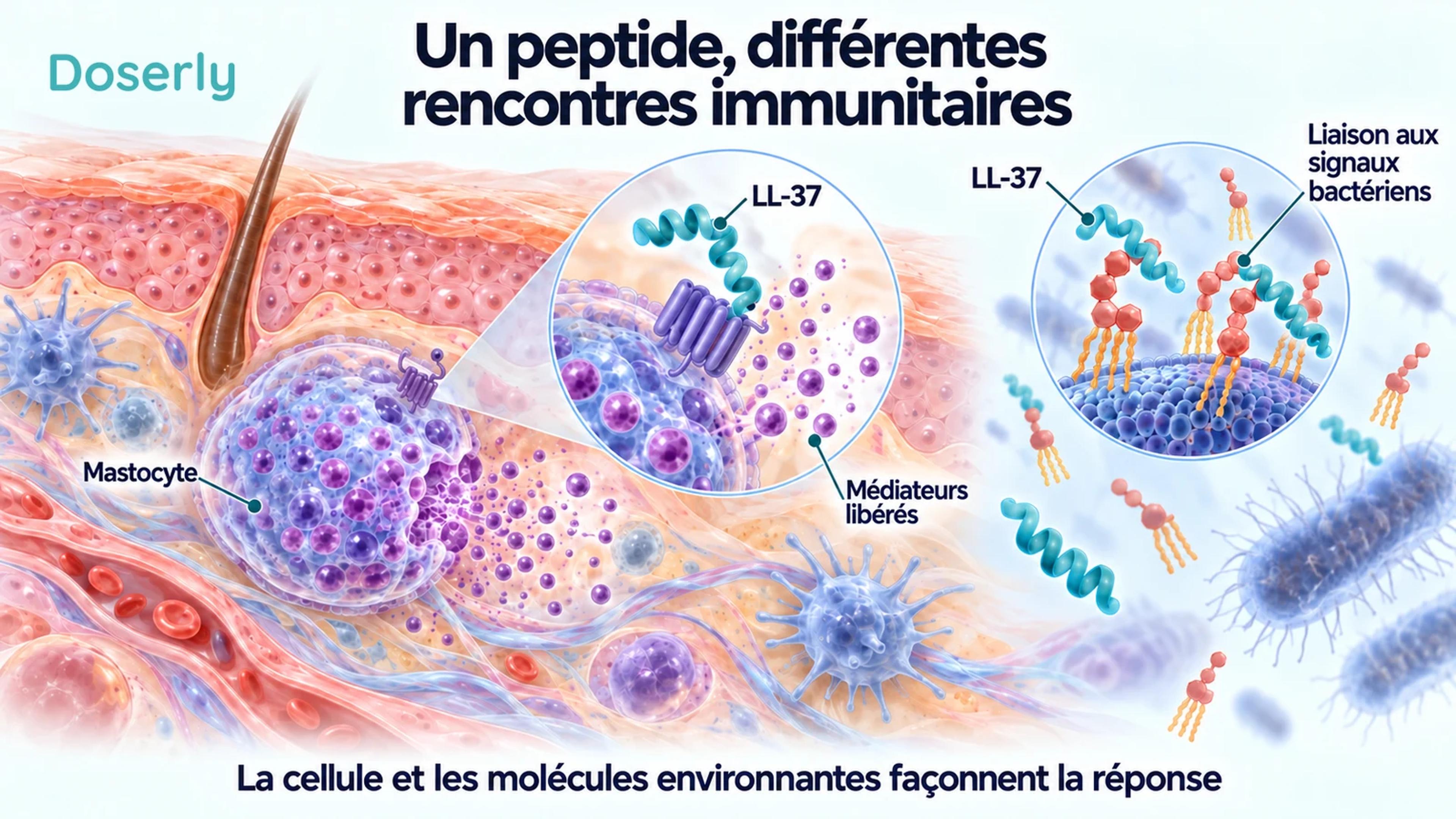 Une vue en coupe de la peau montre un mastocyte libérant des médiateurs à côté d’une représentation conceptuelle distincte de l’interaction du LL-37 avec des signaux de membrane bactérienne.