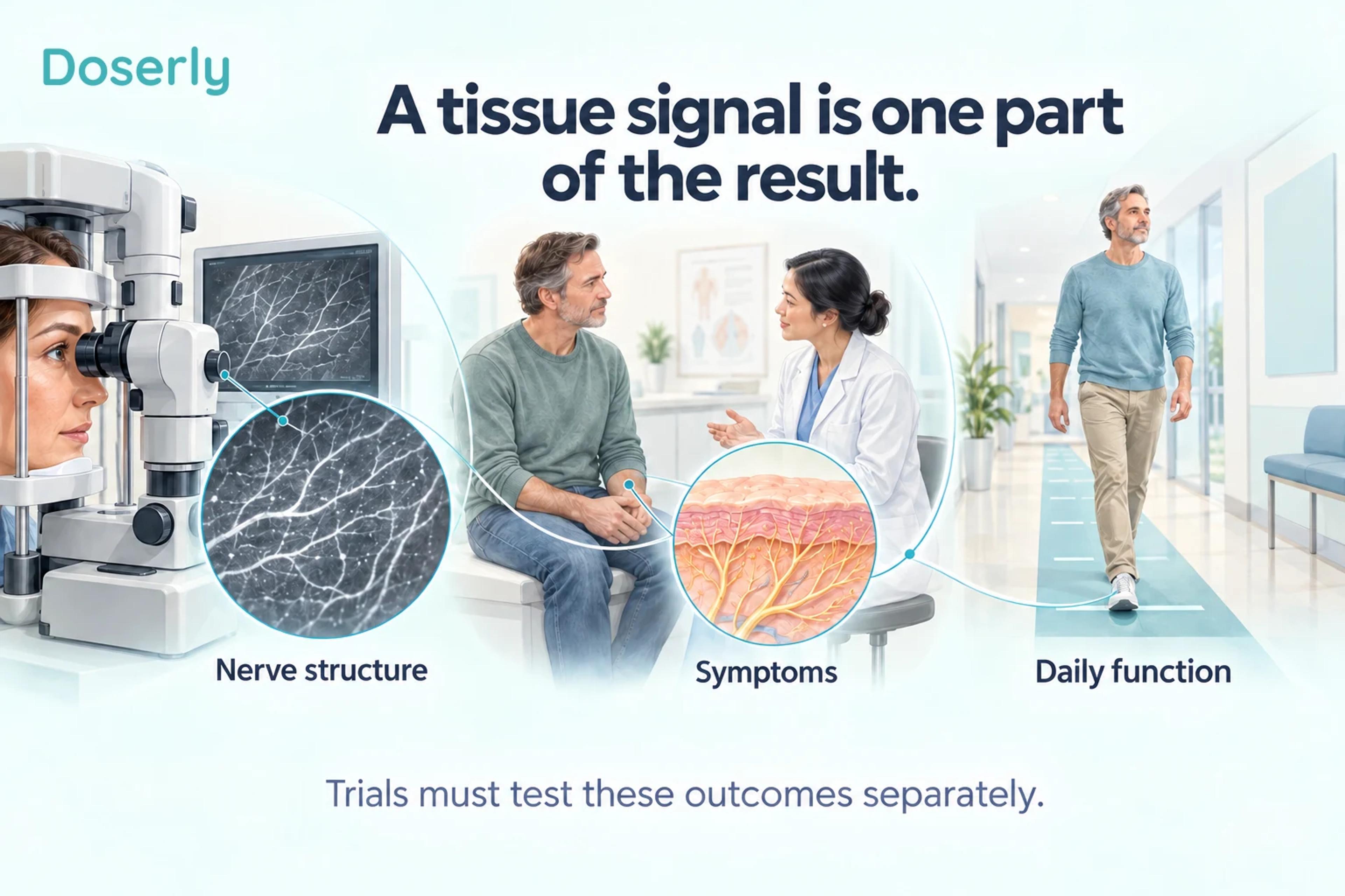 Illustrated corneal imaging, a patient discussing symptoms and a walking assessment show three different outcome domains.