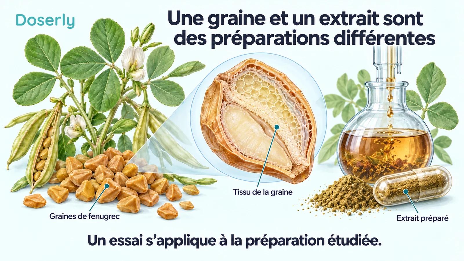 Des feuilles, des gousses et des graines de fenugrec accompagnent une illustration agrandie du tissu d’une graine et un extrait préparé.