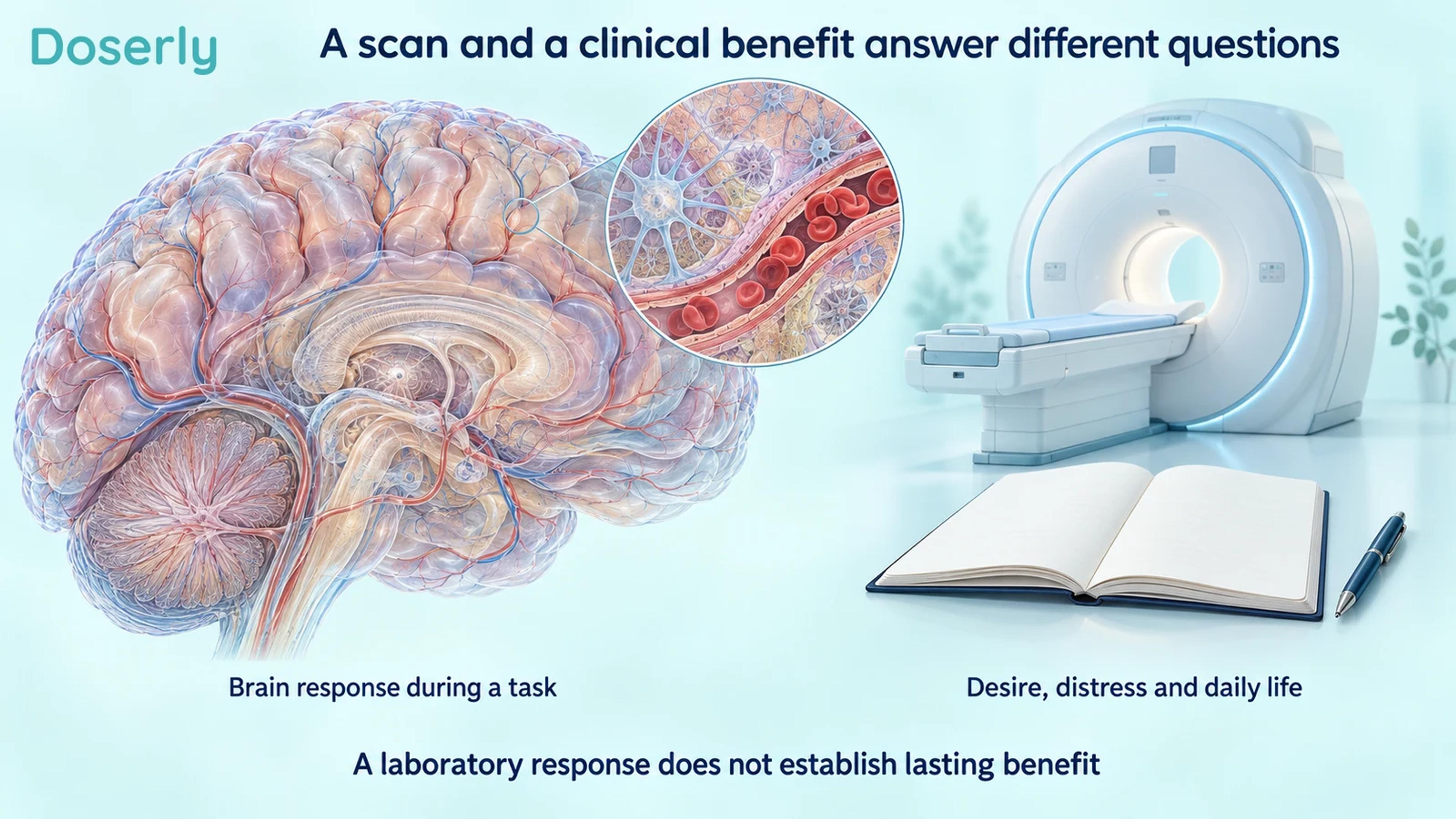 Detailed brain and cortical capillary inset beside an illustrated MRI scanner and blank notebook, separating task responses from desire, distress and daily life.