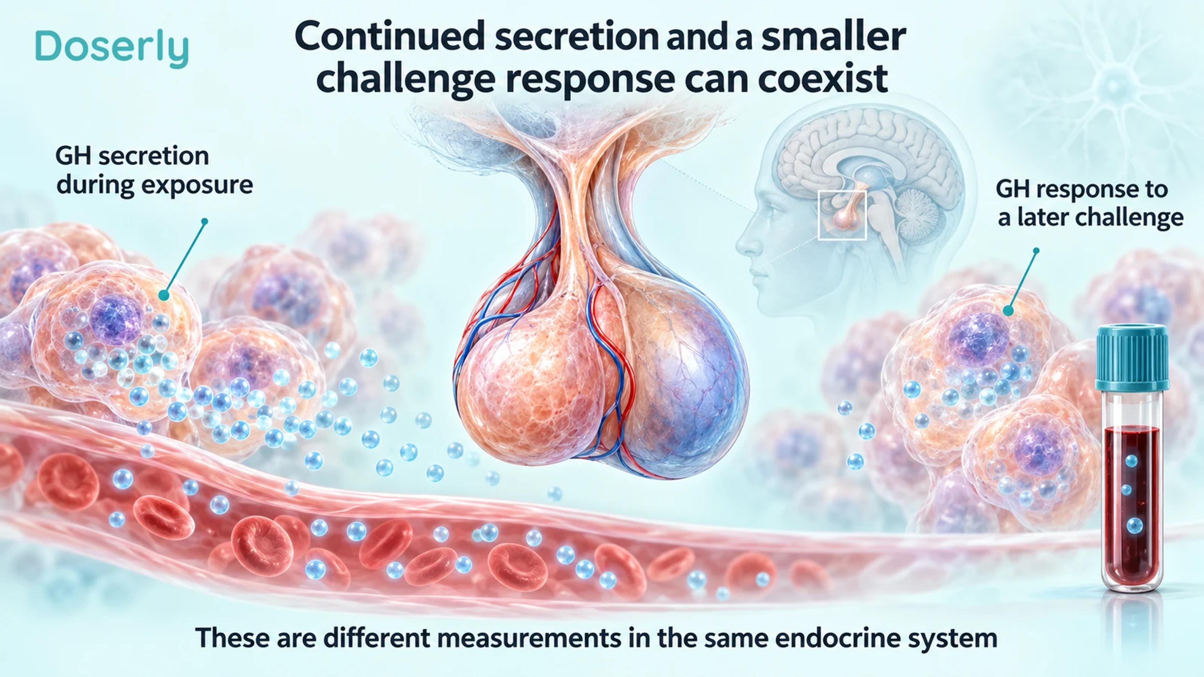 A pituitary gland, conceptual secretory cells and blood sampling distinguish ongoing secretion from a later challenge response.