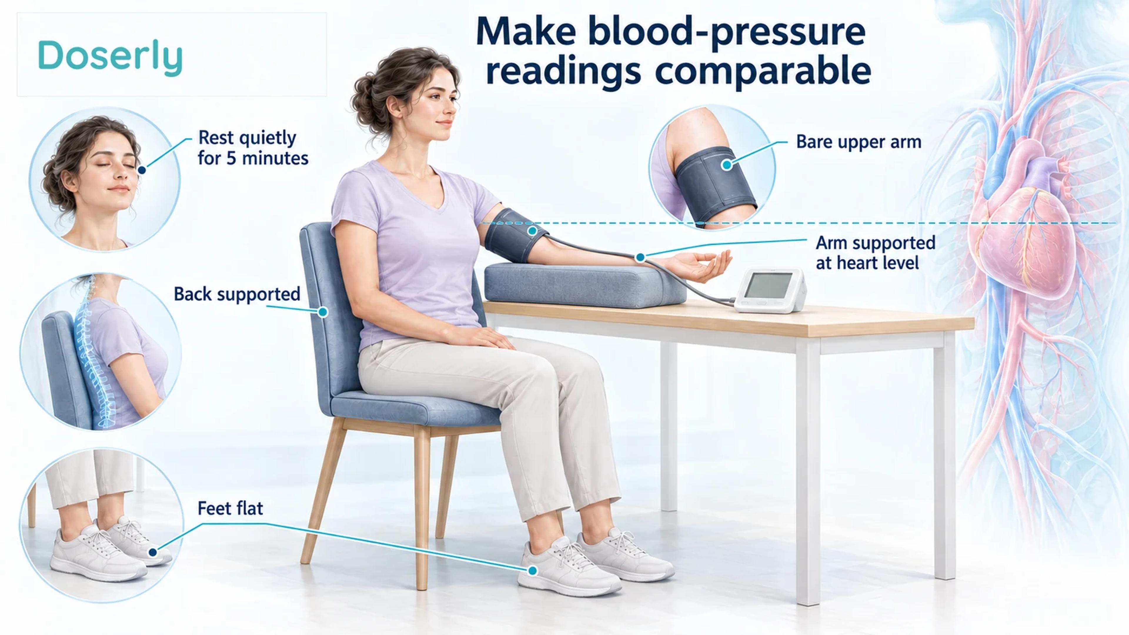 A seated woman demonstrates home blood-pressure measurement with a supported back, feet flat and a bare upper-arm cuff supported at heart level.