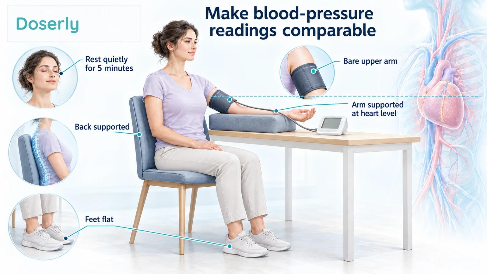 A seated woman demonstrates home blood-pressure measurement with a supported back, feet flat and a bare upper-arm cuff supported at heart level.