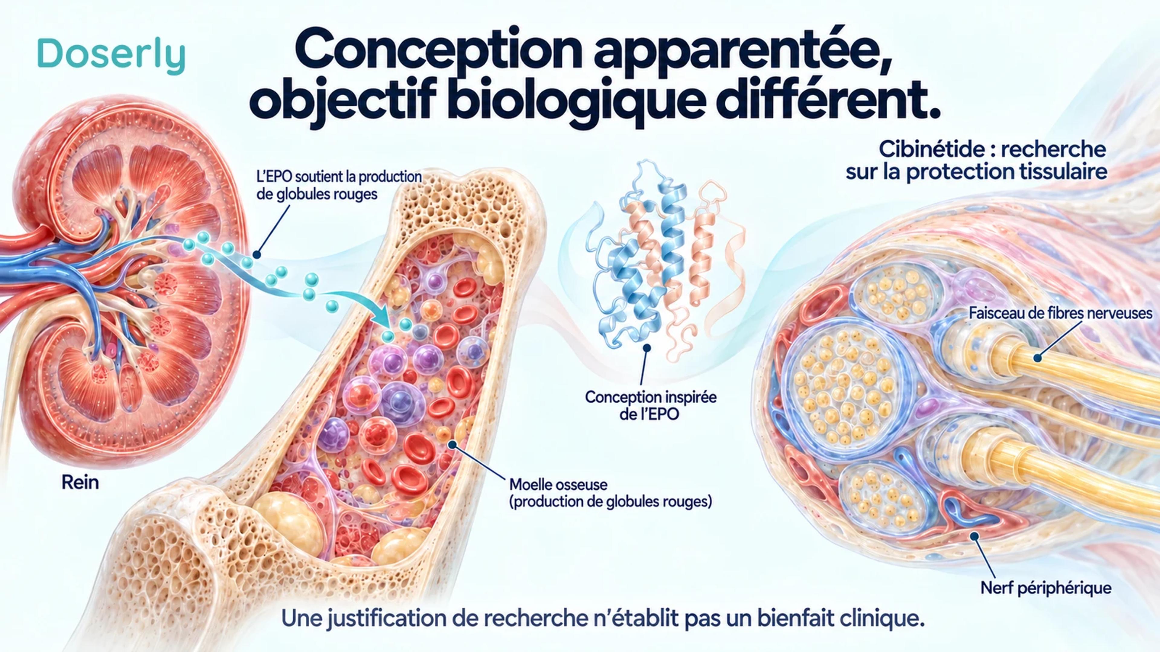 L’anatomie du rein et de la moelle osseuse illustre le rôle de l’EPO dans la production de globules rouges, à côté d’une scène distincte de recherche sur les nerfs périphériques.
