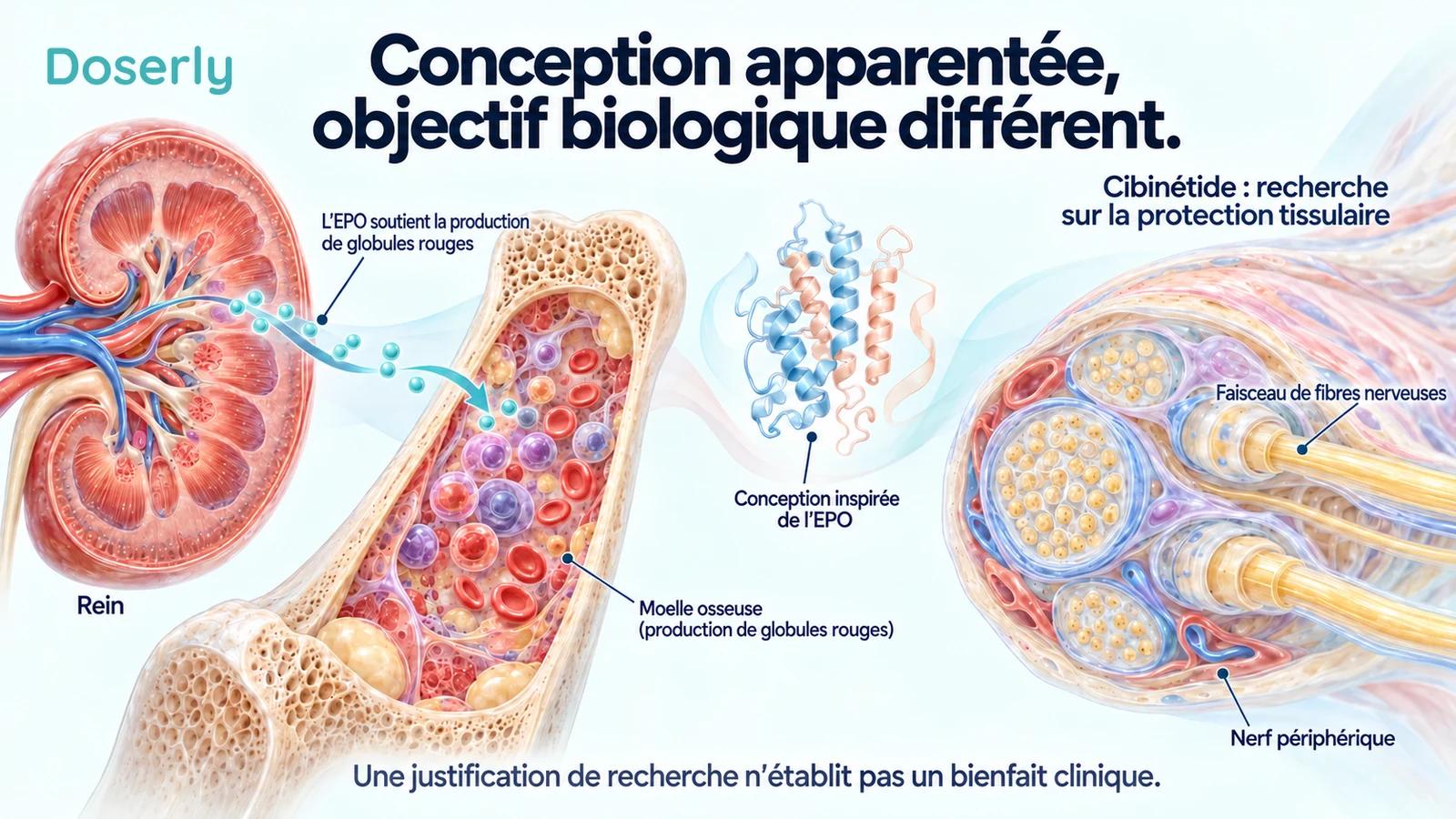 L’anatomie du rein et de la moelle osseuse illustre le rôle de l’EPO dans la production de globules rouges, à côté d’une scène distincte de recherche sur les nerfs périphériques.