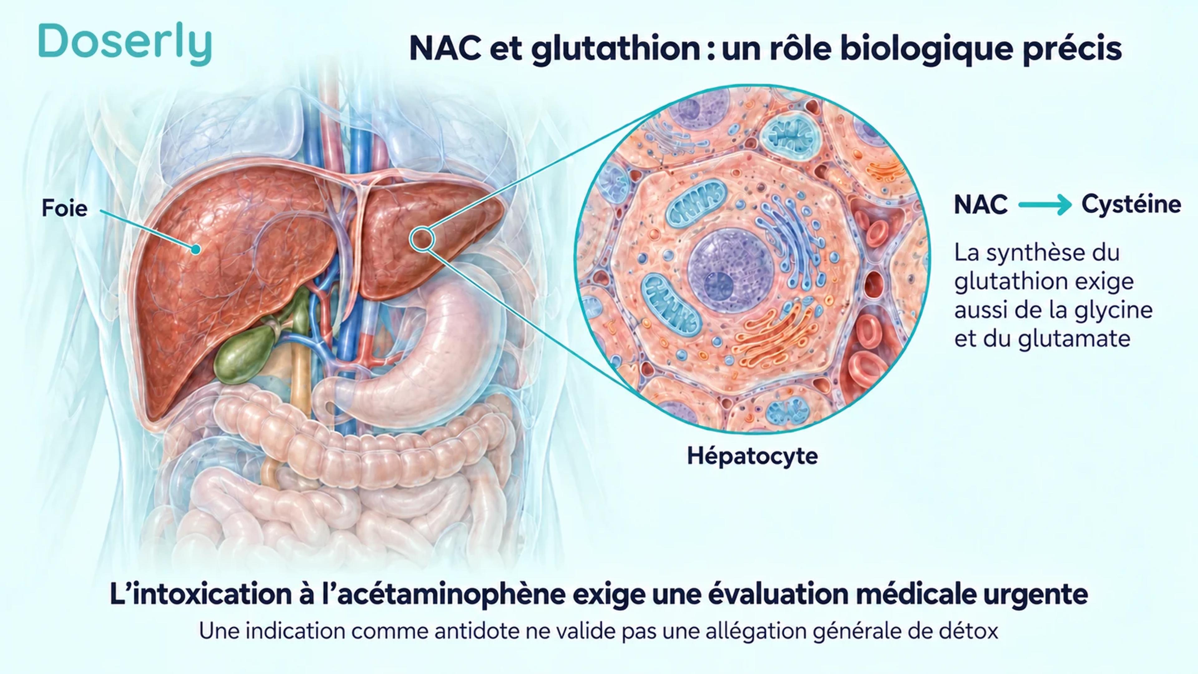 Une illustration détaillée du foie et d’un hépatocyte présente la NAC comme source de cystéine et indique les autres éléments nécessaires à la synthèse du glutathion.