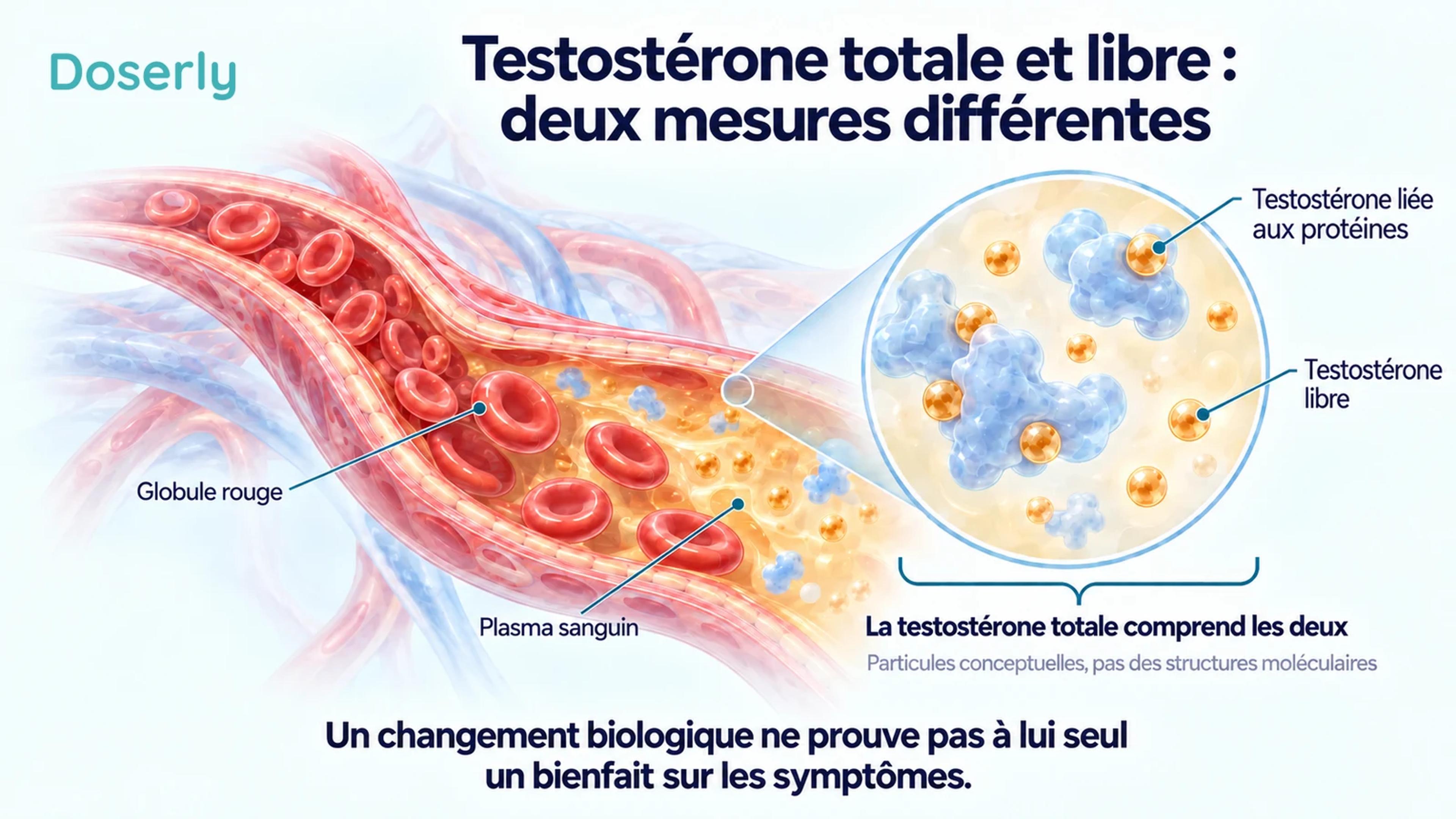 Une vue en coupe d’un vaisseau sanguin et une vue agrandie du plasma distinguent la testostérone liée aux protéines de la testostérone libre.