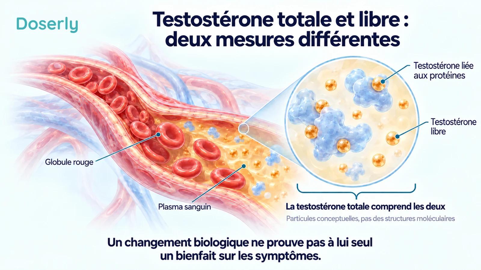 Une vue en coupe d’un vaisseau sanguin et une vue agrandie du plasma distinguent la testostérone liée aux protéines de la testostérone libre.