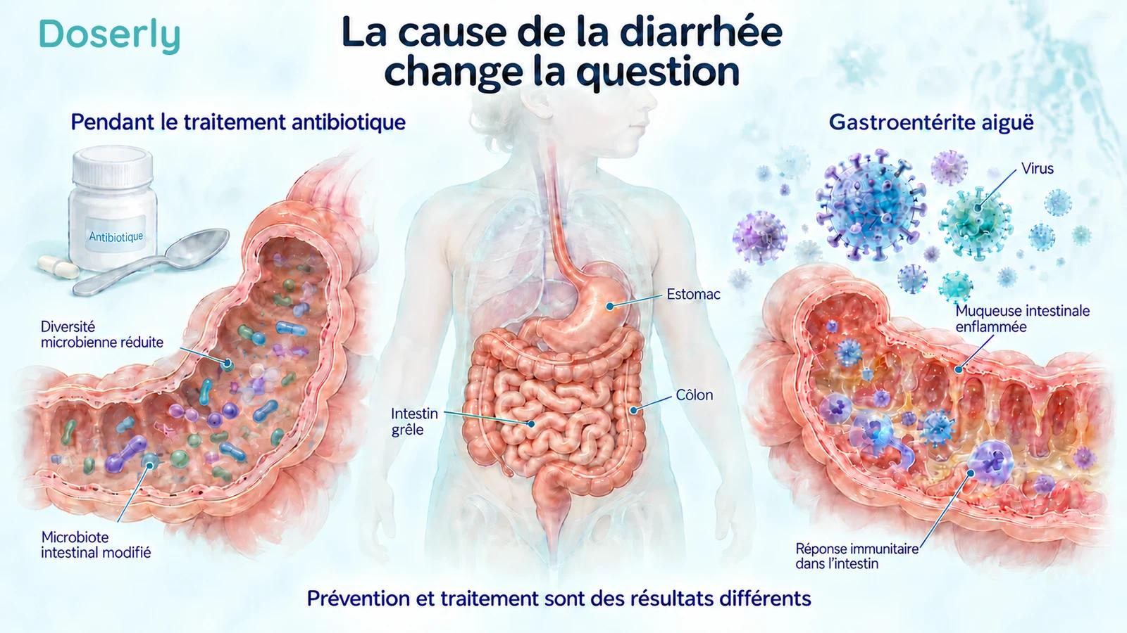 L’exposition aux antibiotiques et la gastroentérite aiguë illustrées comme des contextes intestinaux différents autour de l’anatomie digestive d’un enfant.