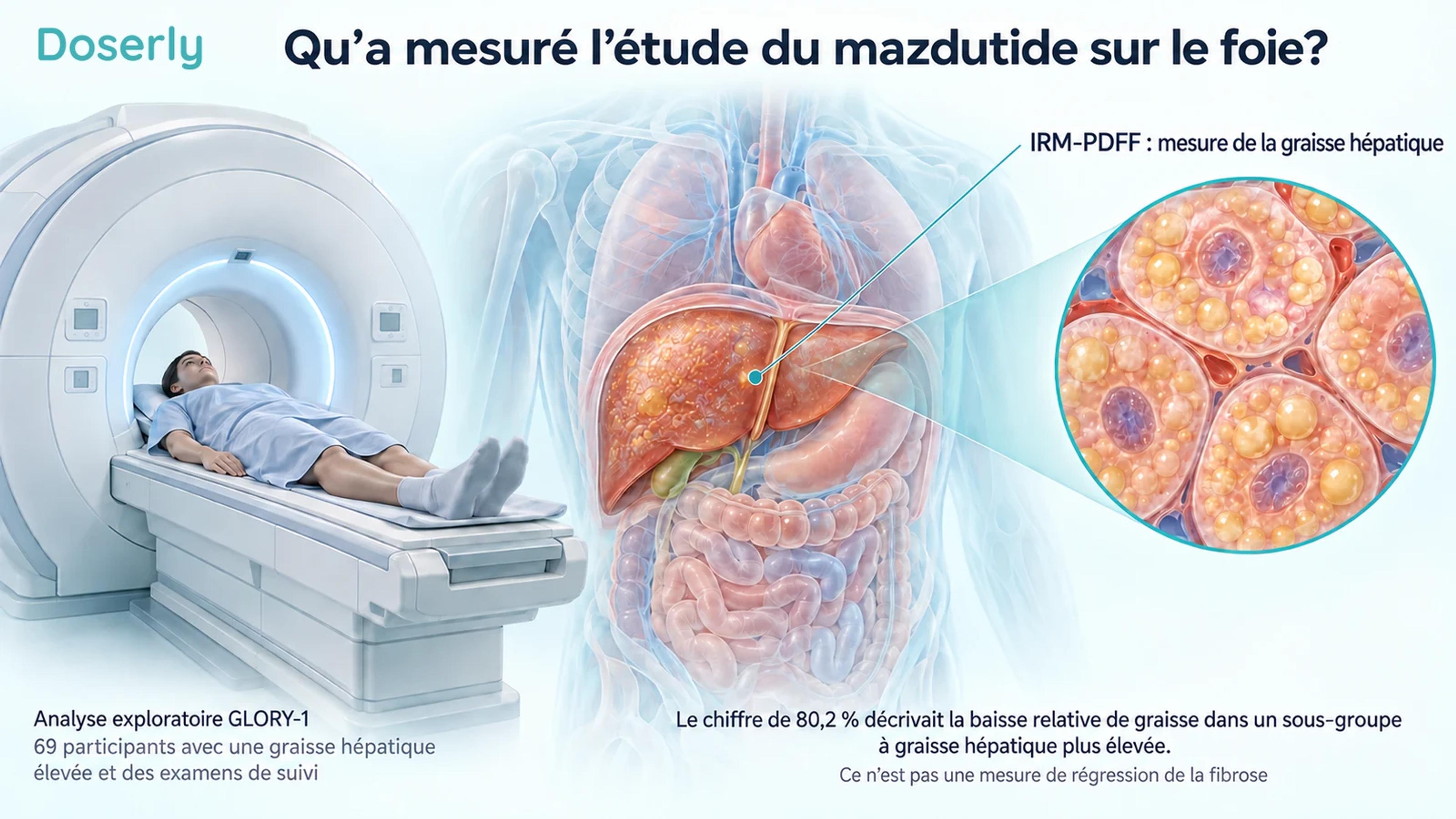 Un examen d’IRM à côté de l’anatomie du foie et des hépatocytes, présentant l’analyse exploratoire de la graisse hépatique de GLORY-1.