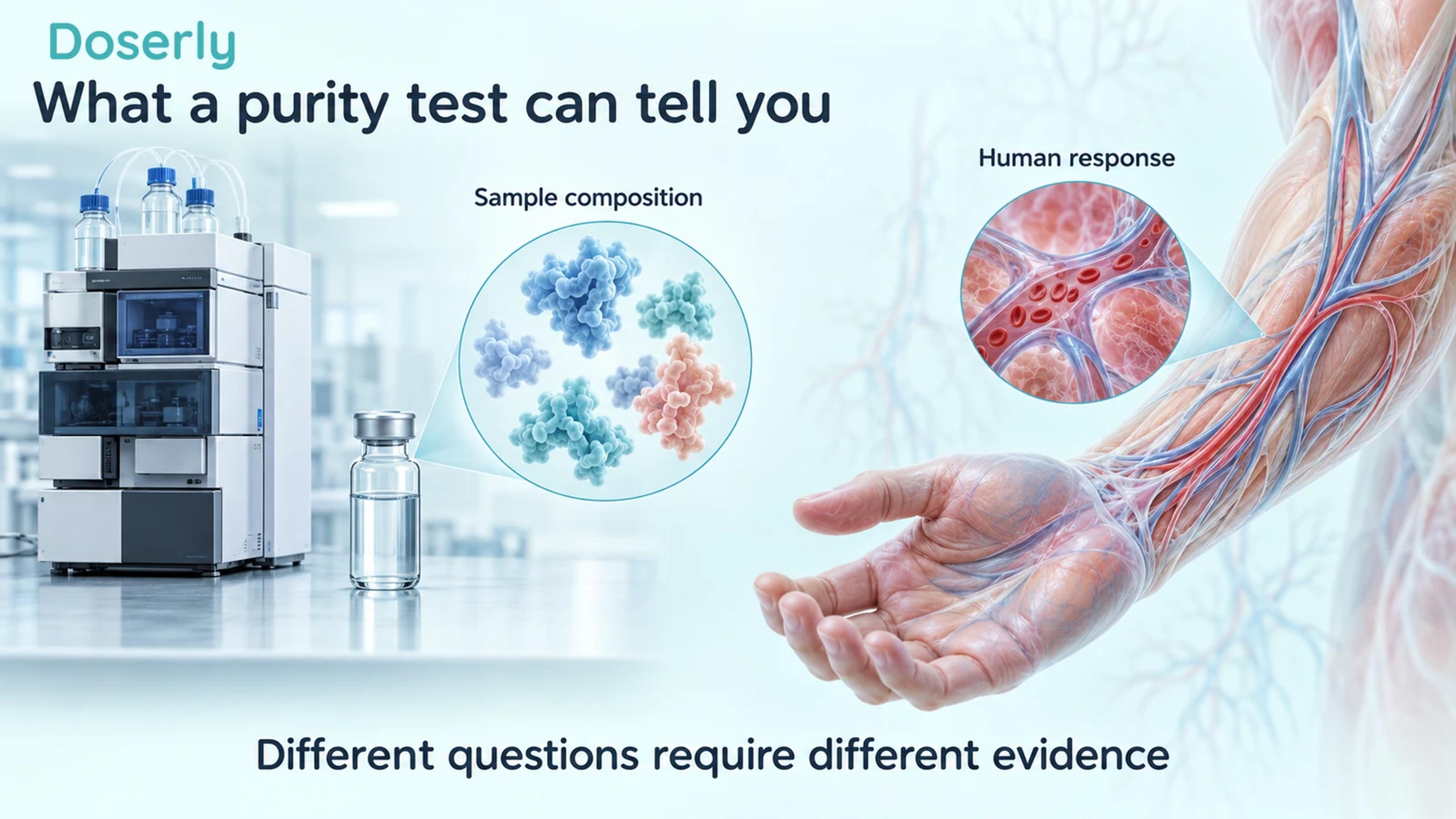 A chromatography instrument and conceptual peptide sample beside a separate translucent human forearm and blood vessel.