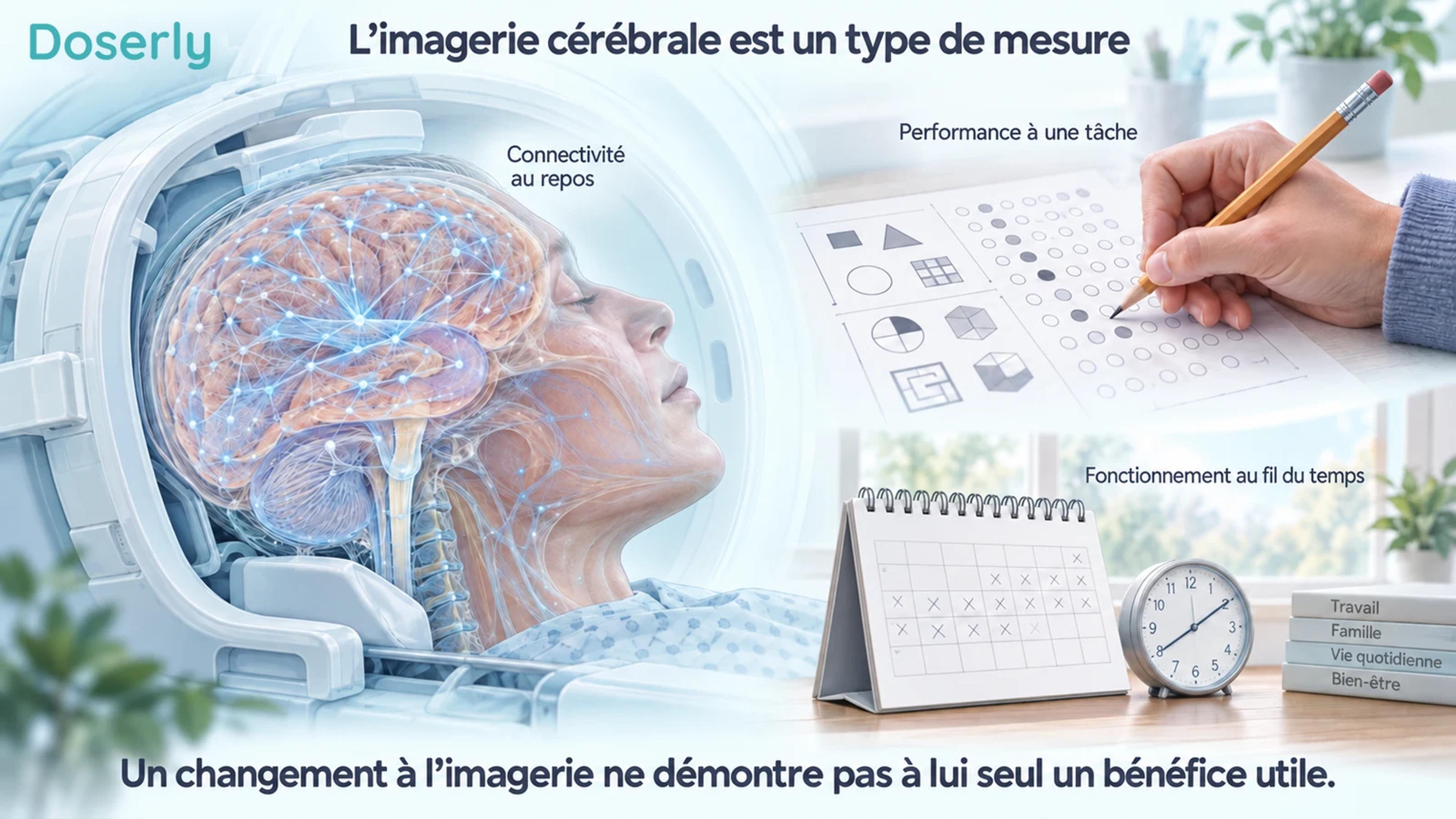 Antenne de tête d’IRM détaillée et cerveau à côté de mesures distinctes de la performance à une tâche et du fonctionnement à plus long terme.