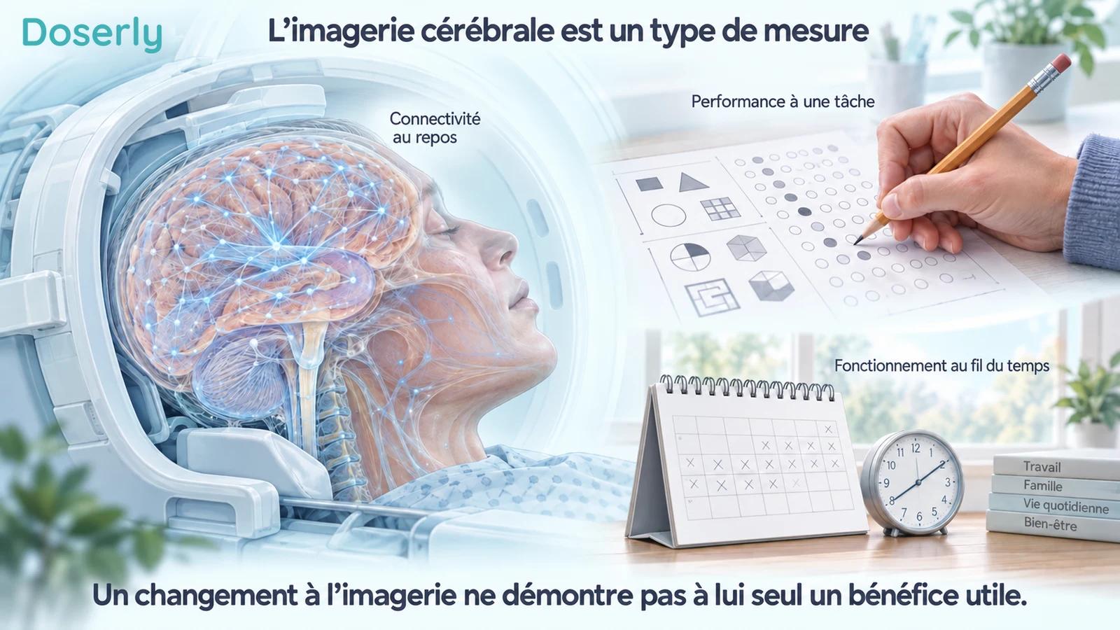 Antenne de tête d’IRM détaillée et cerveau à côté de mesures distinctes de la performance à une tâche et du fonctionnement à plus long terme.