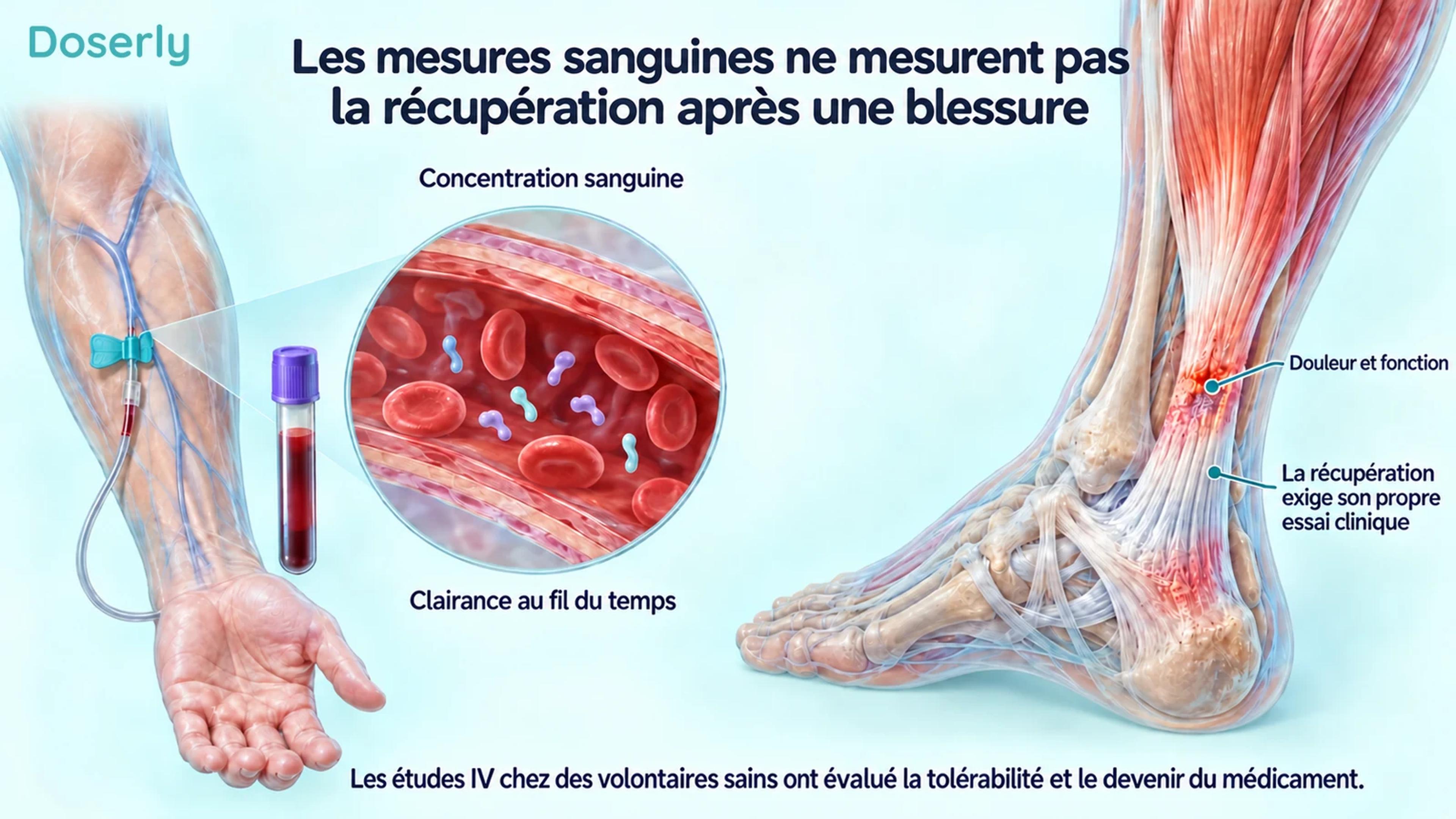 Un prélèvement sanguin et l’anatomie agrandie d’un vaisseau sont séparés d’une illustration de la cheville et d’un tendon.