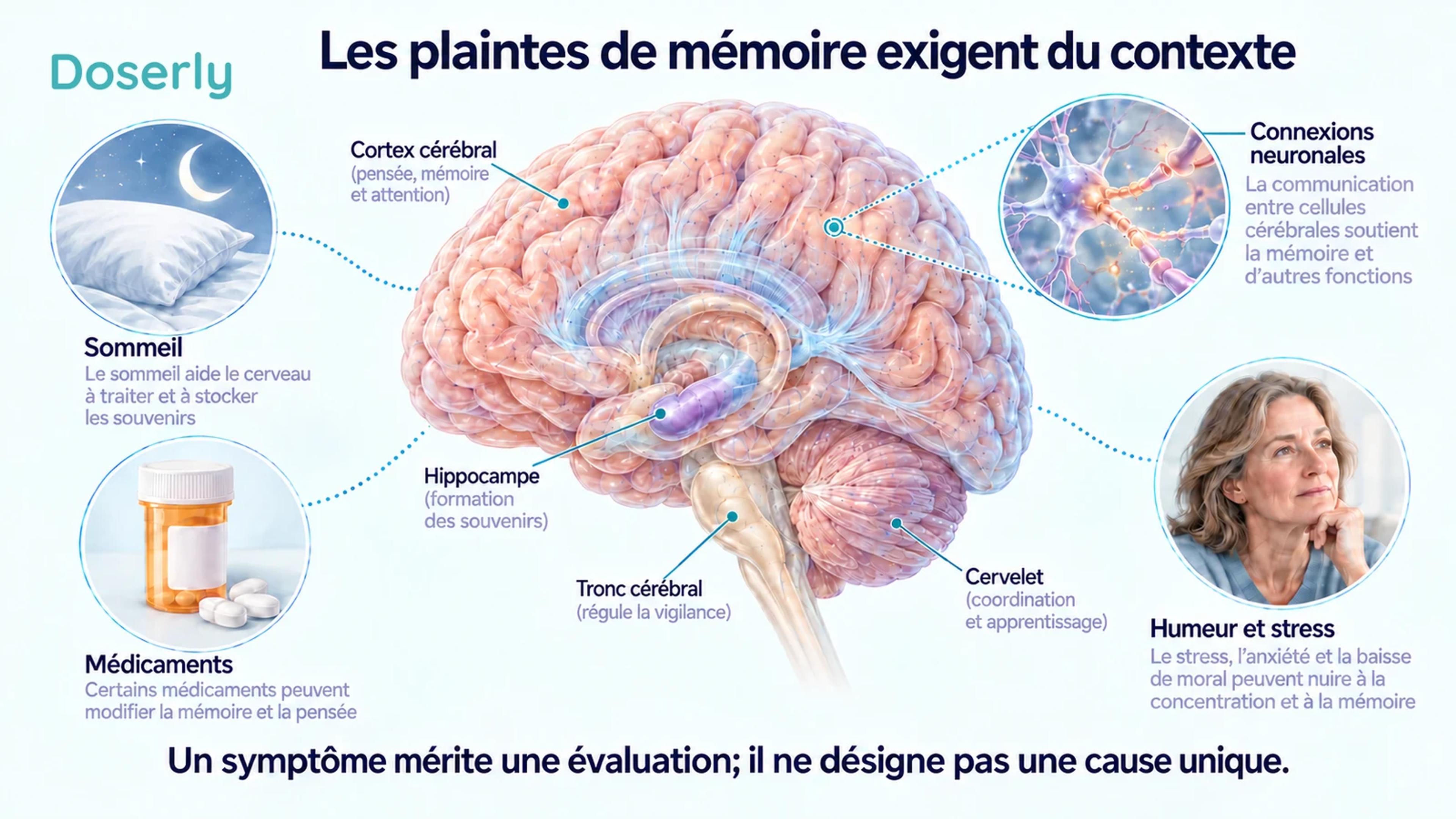 Une illustration conceptuelle du cerveau présente des structures liées à la mémoire aux côtés du sommeil, des médicaments, de l’humeur et du stress, comme facteurs à aborder lors de l’évaluation.