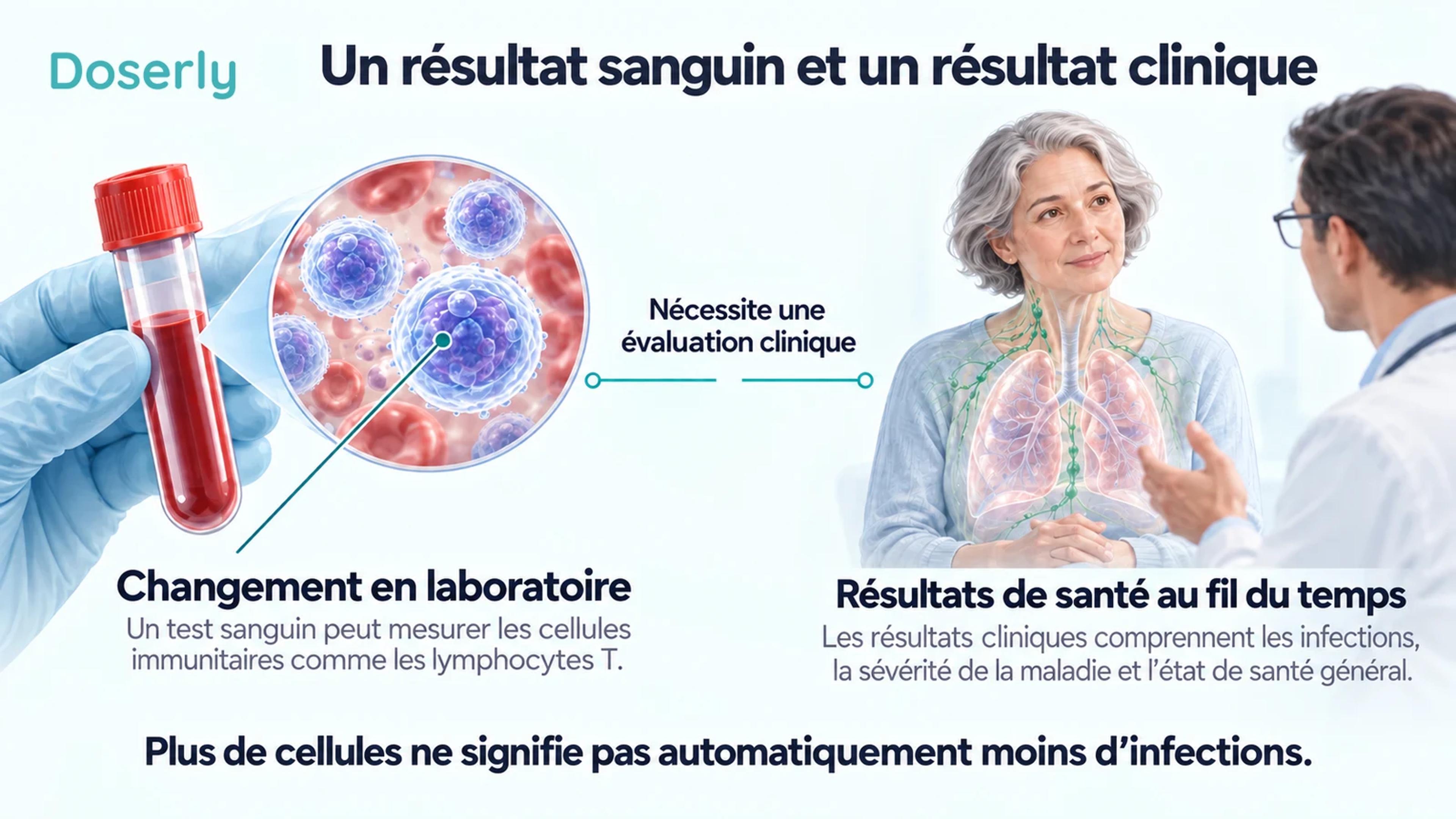 Une mesure de cellules sanguines et une consultation clinique sont séparées par un espace indiquant la nécessité d’une évaluation clinique.