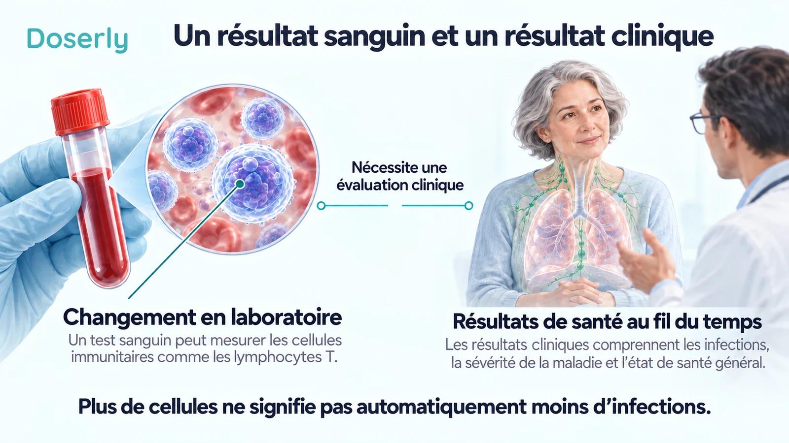 Une mesure de cellules sanguines et une consultation clinique sont séparées par un espace indiquant la nécessité d’une évaluation clinique.