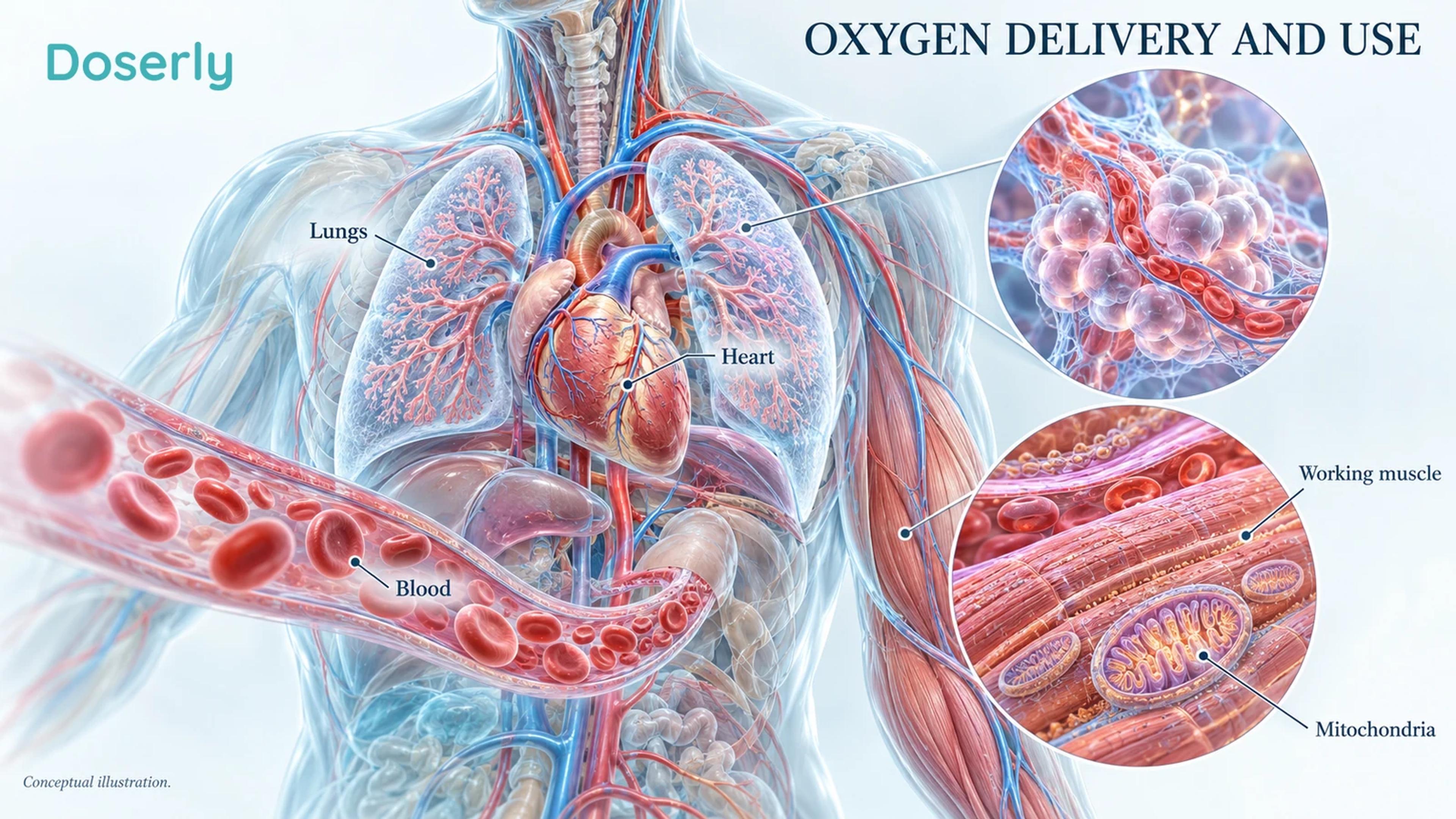 Conceptual oxygen pathway from lungs through heart and blood to working skeletal muscle.